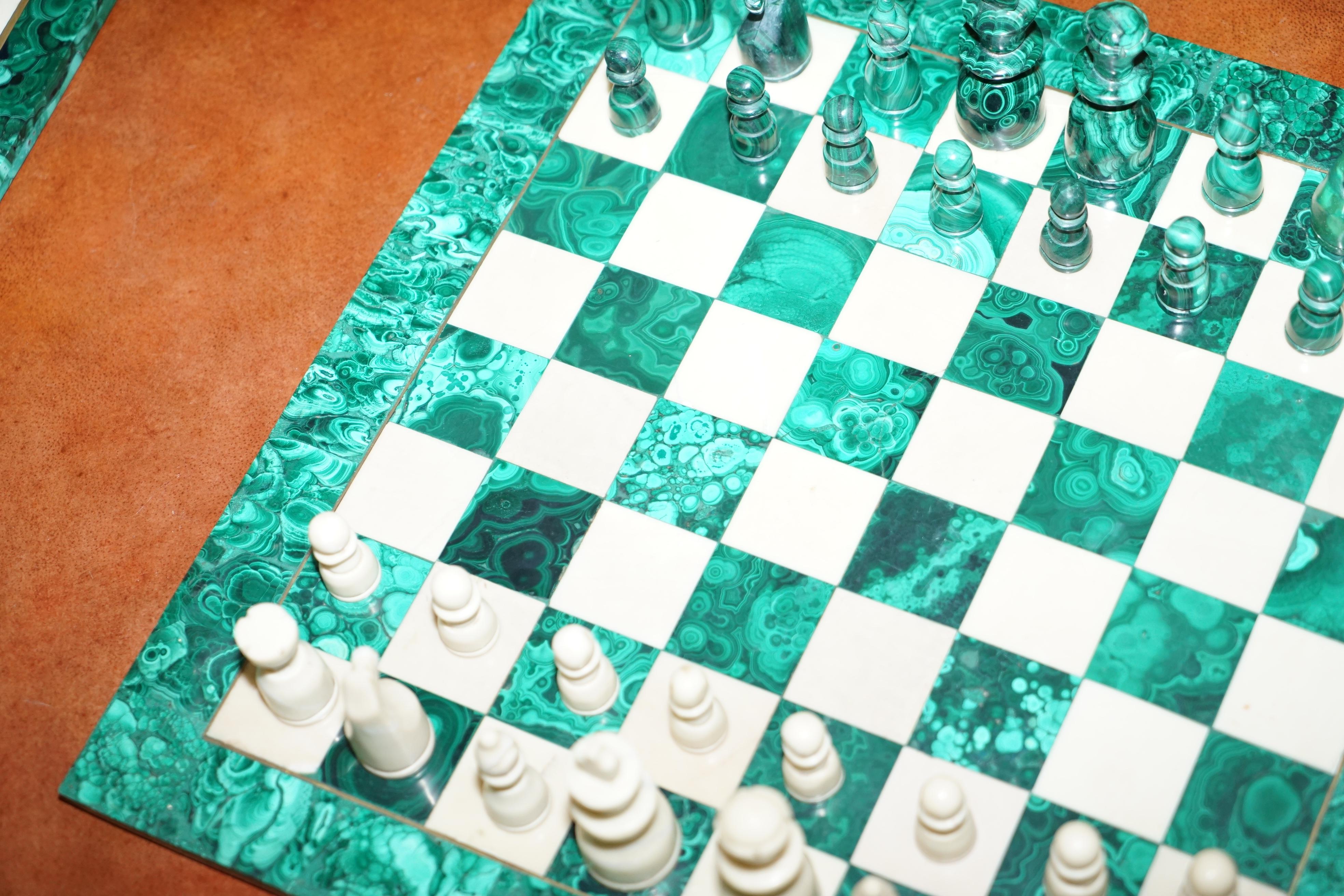 English Sublime Solid Malachite and Marble Full Sized Chess Set Must See Pictures