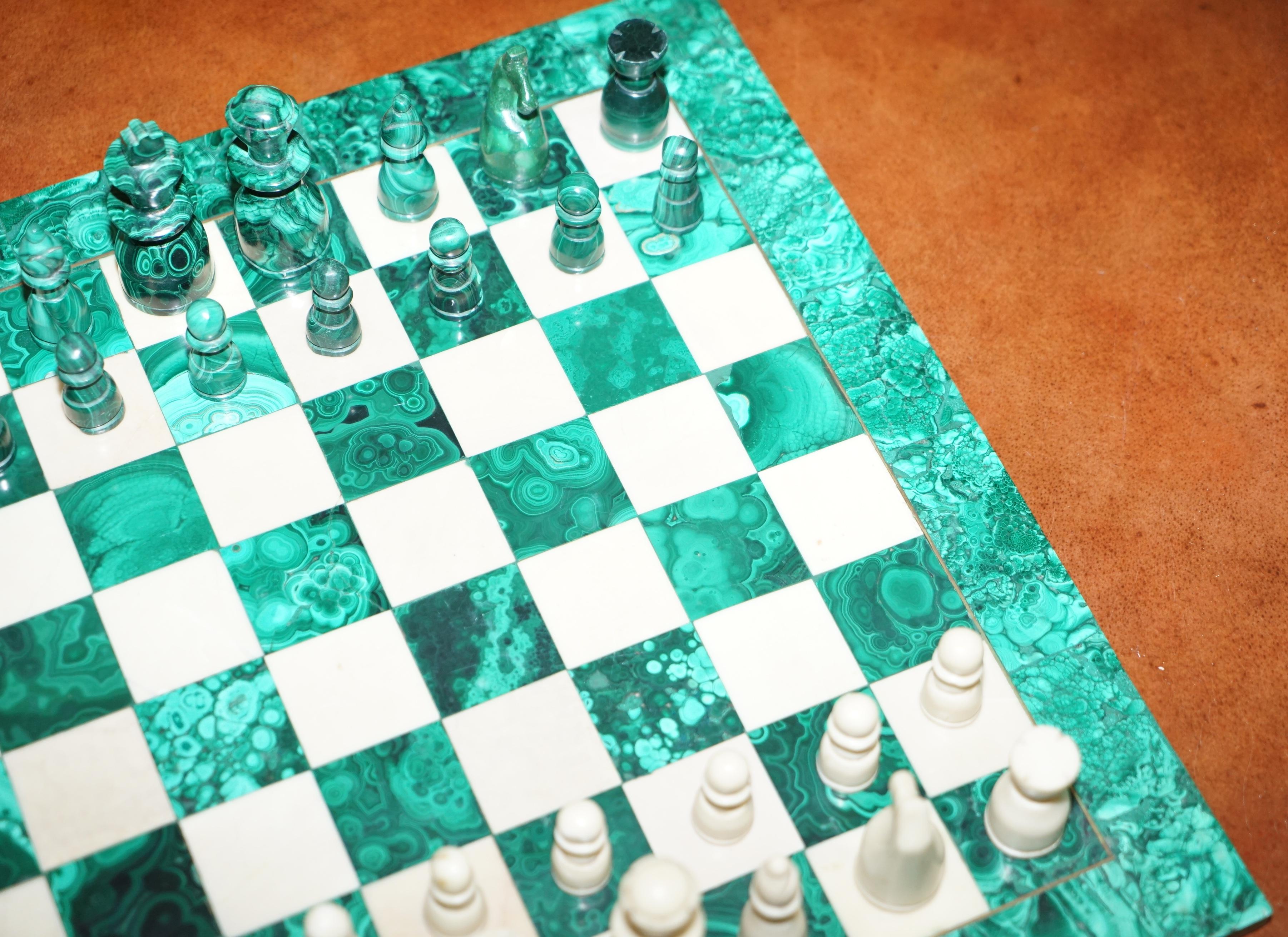 Hand-Crafted Sublime Solid Malachite and Marble Full Sized Chess Set Must See Pictures