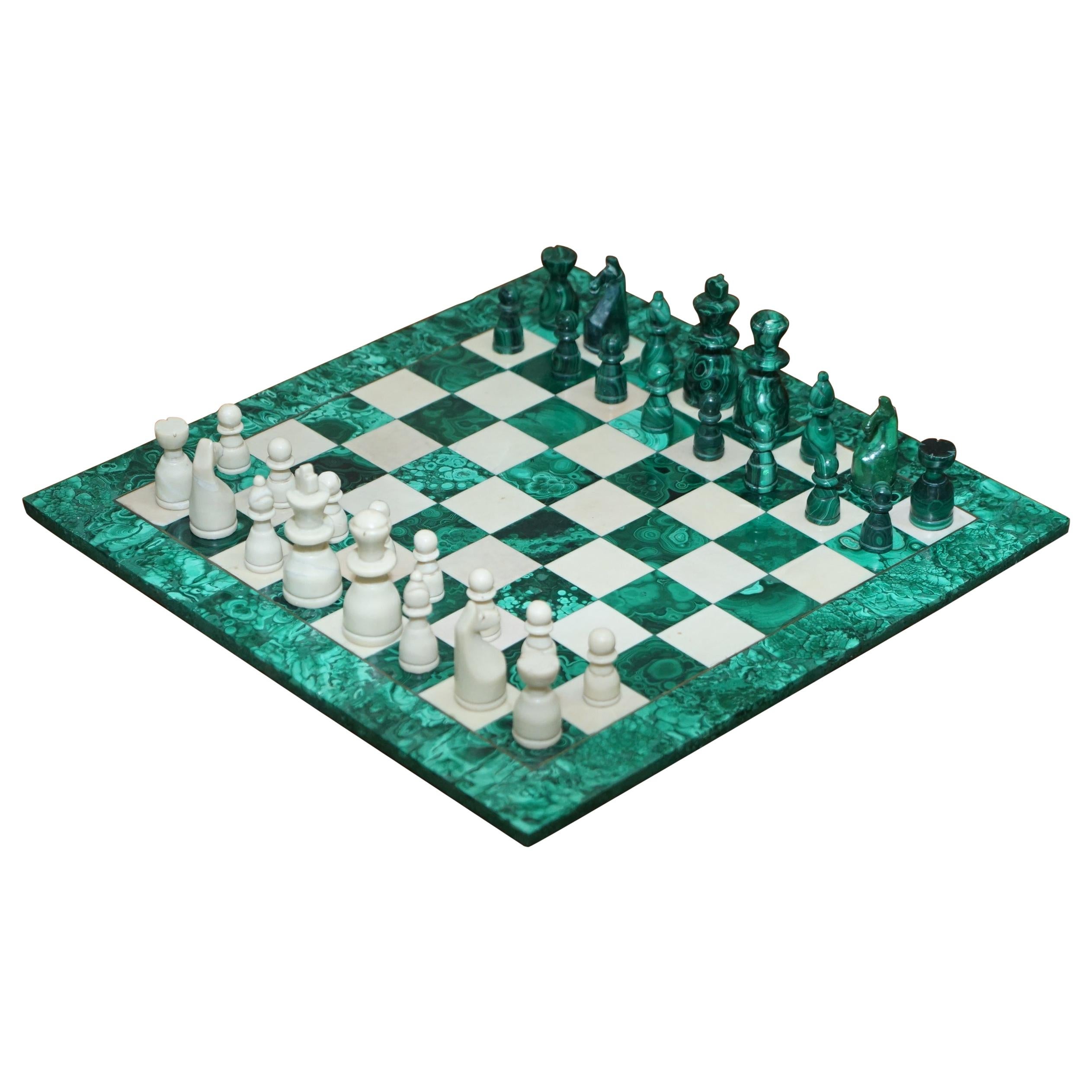 Sublime Solid Malachite and Marble Full Sized Chess Set Must See Pictures