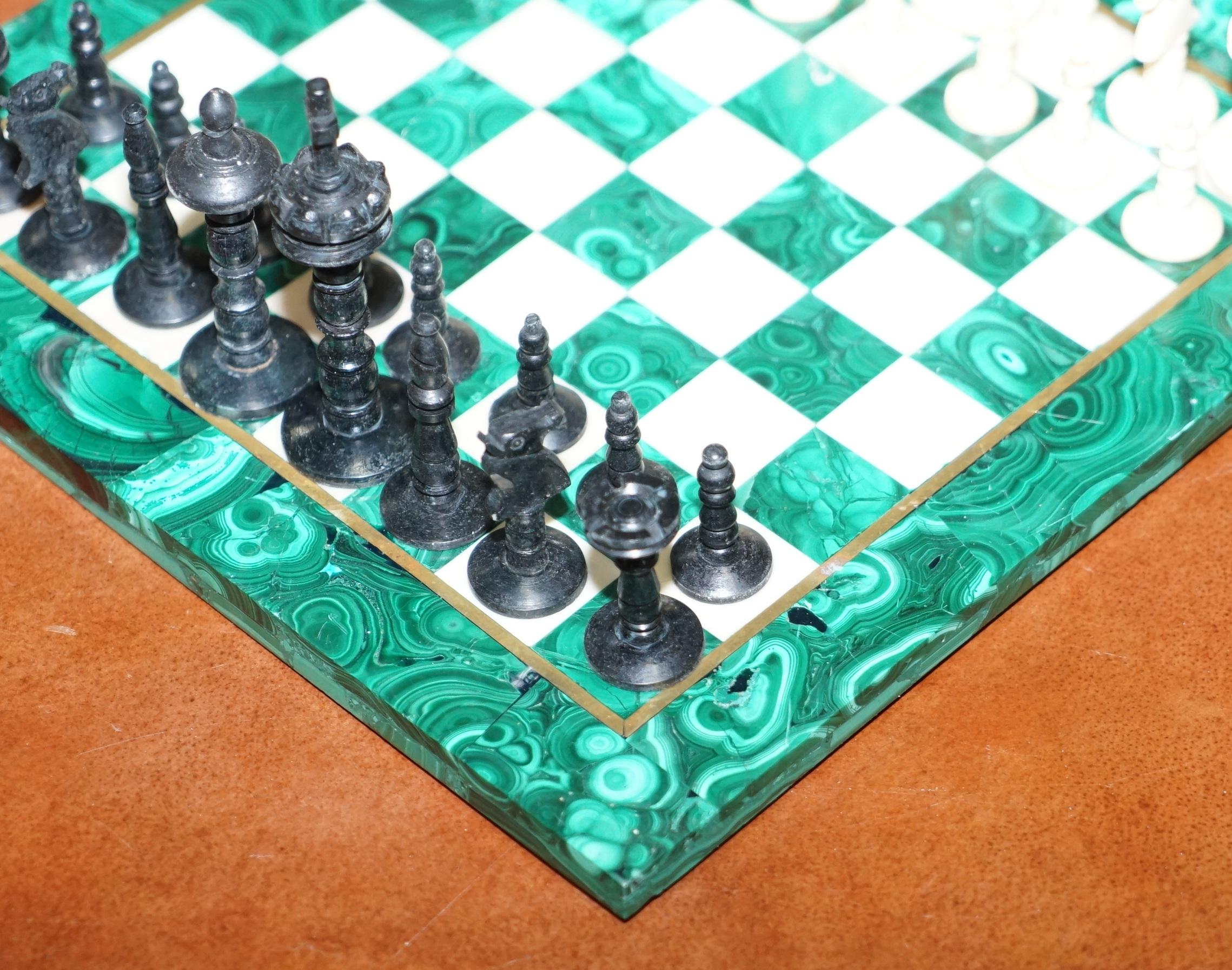 Sublime Solid Malachite and Marble Medium Sized Chess Set Must See Pictures 4