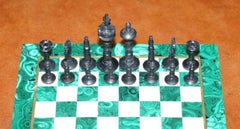 Sublime Solid Malachite and Marble Medium Sized Chess Set Must See Pictures
