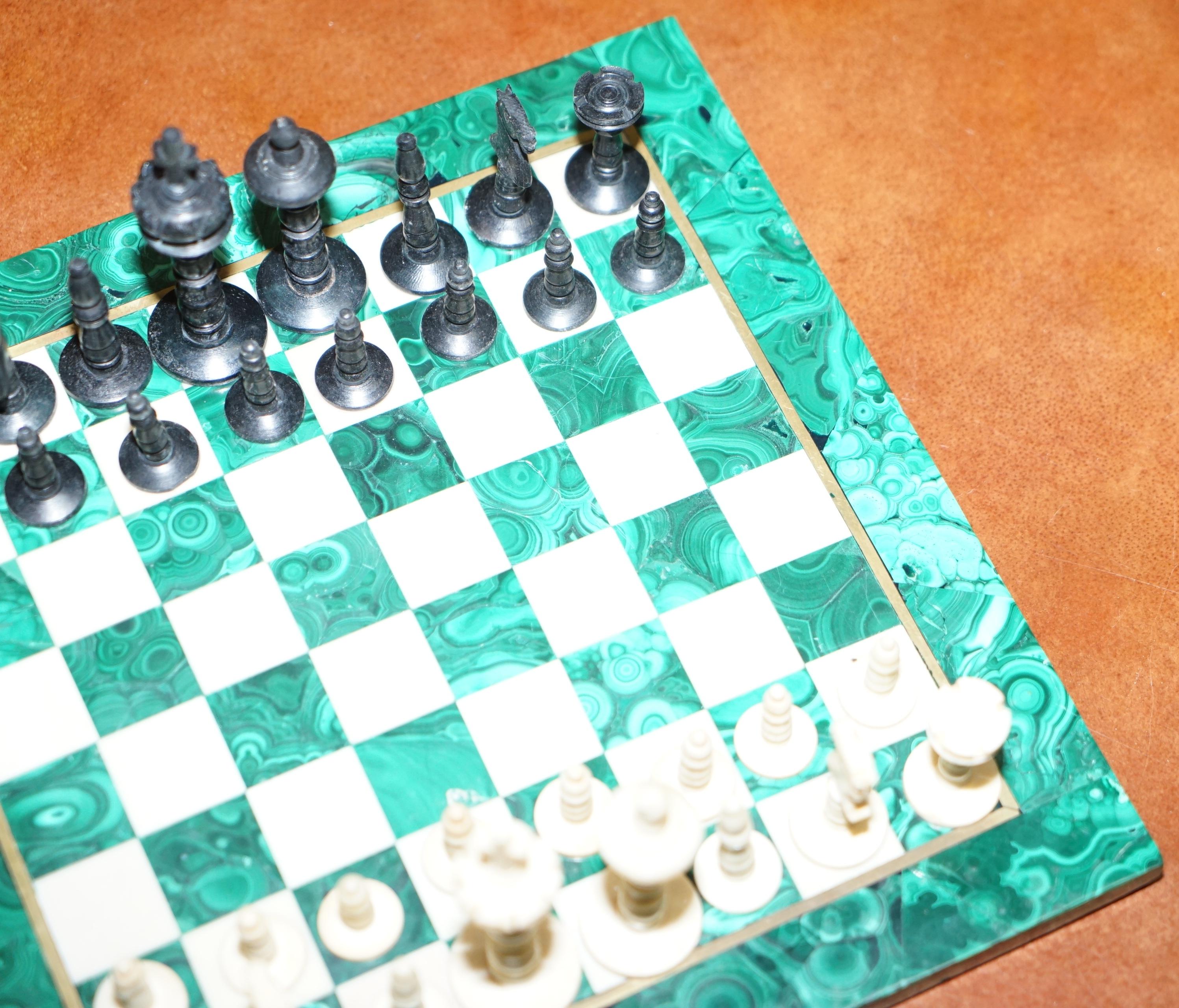 English Sublime Solid Malachite and Marble Medium Sized Chess Set Must See Pictures
