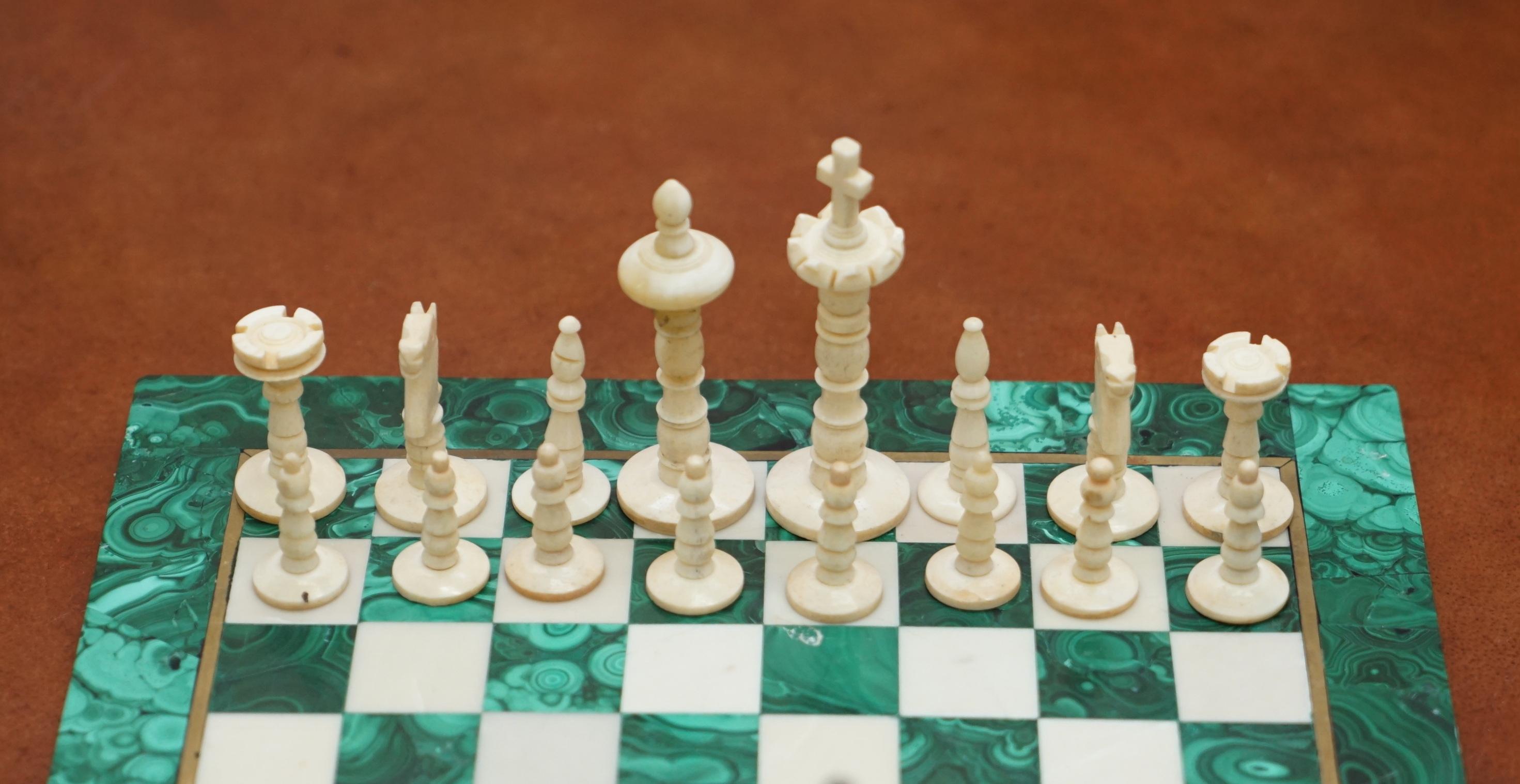 Sublime Solid Malachite and Marble Medium Sized Chess Set Must See Pictures 1