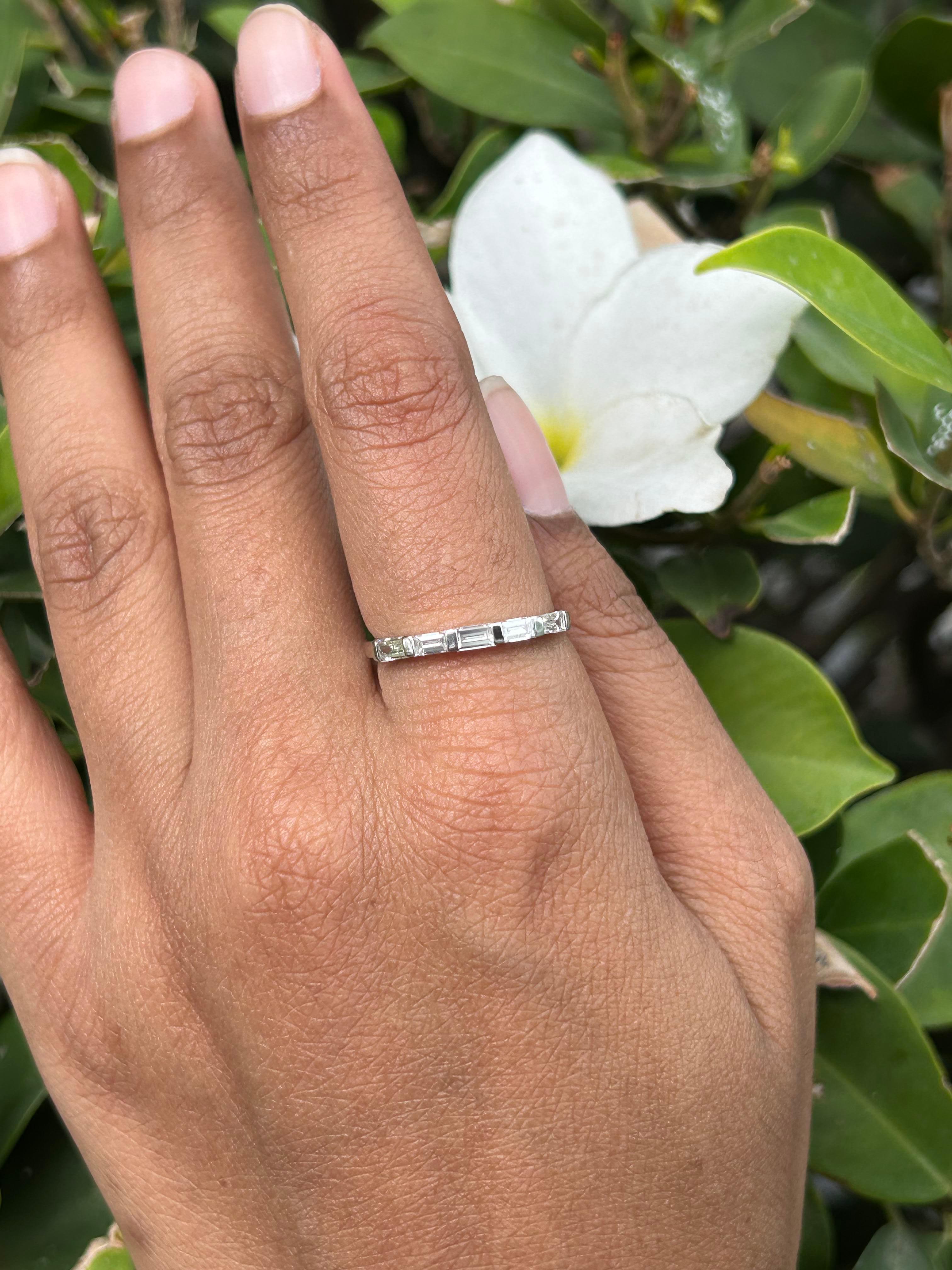 For Sale:  Thin Stacking Baguette Cut Diamond Band Ring in 14kt Solid White Gold 5