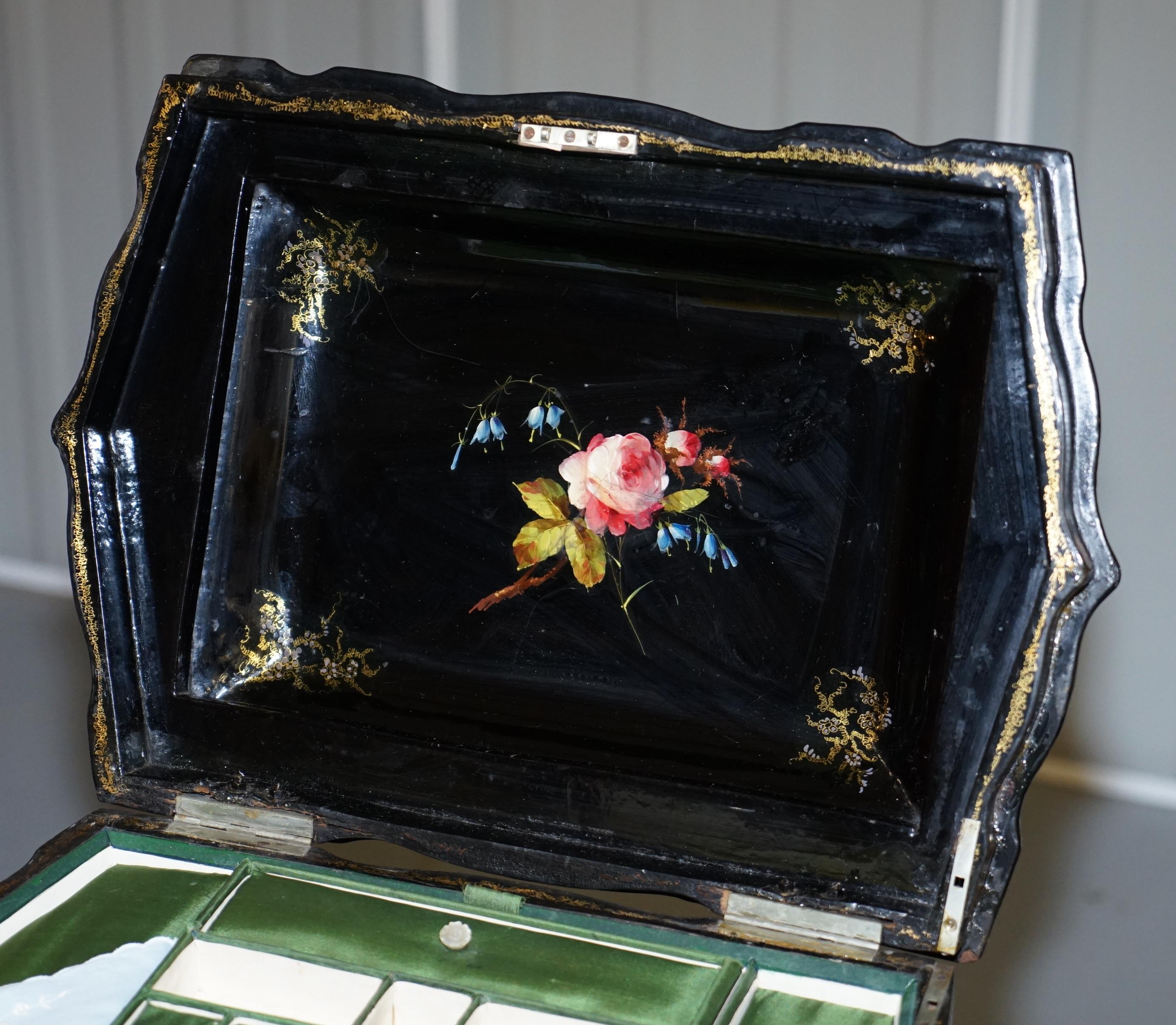 Sublime Victorian Mother of Papier Mâché Hand Painted Sewing Work Box 11