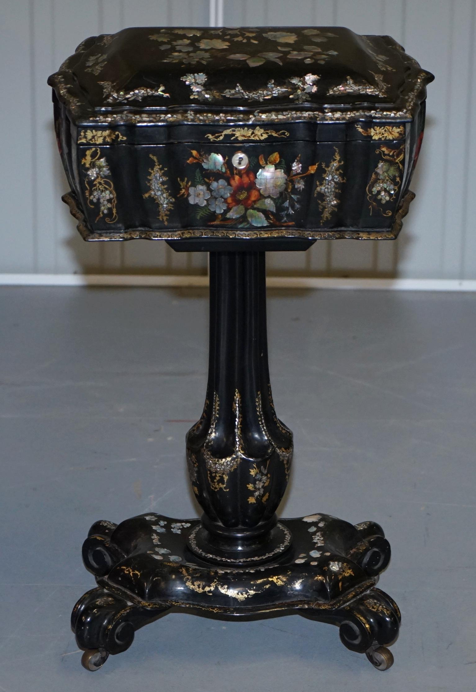 We are delighted to offer for sale this absolutely sublime original Victorian papier mâché sewing box work table

A stunning early Victorian Papier Mache sewing table in the style of Jennens & Betridge. Of rectangle tapered form with black lacquer