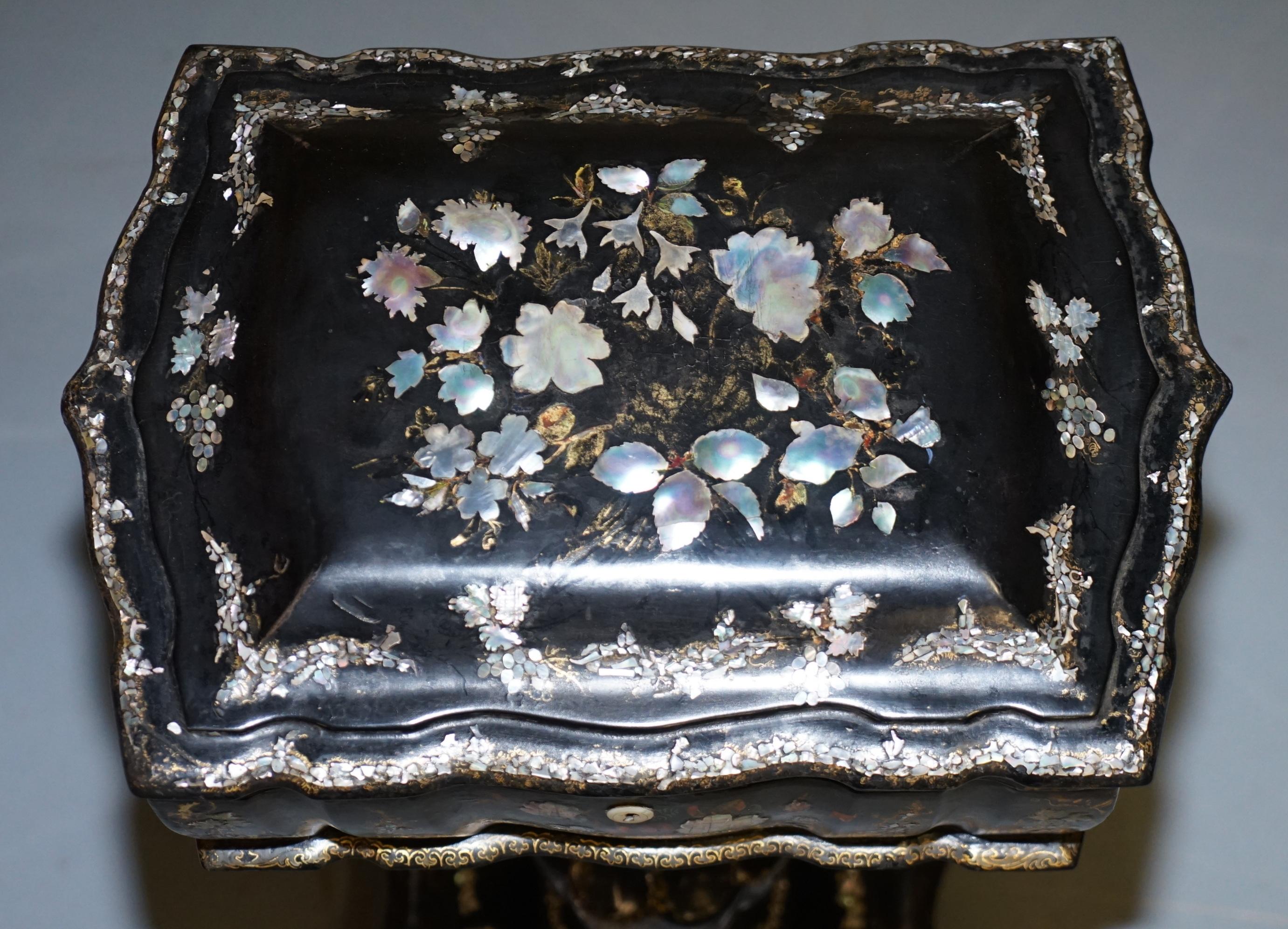 Hand-Crafted Sublime Victorian Mother of Papier Mâché Hand Painted Sewing Work Box