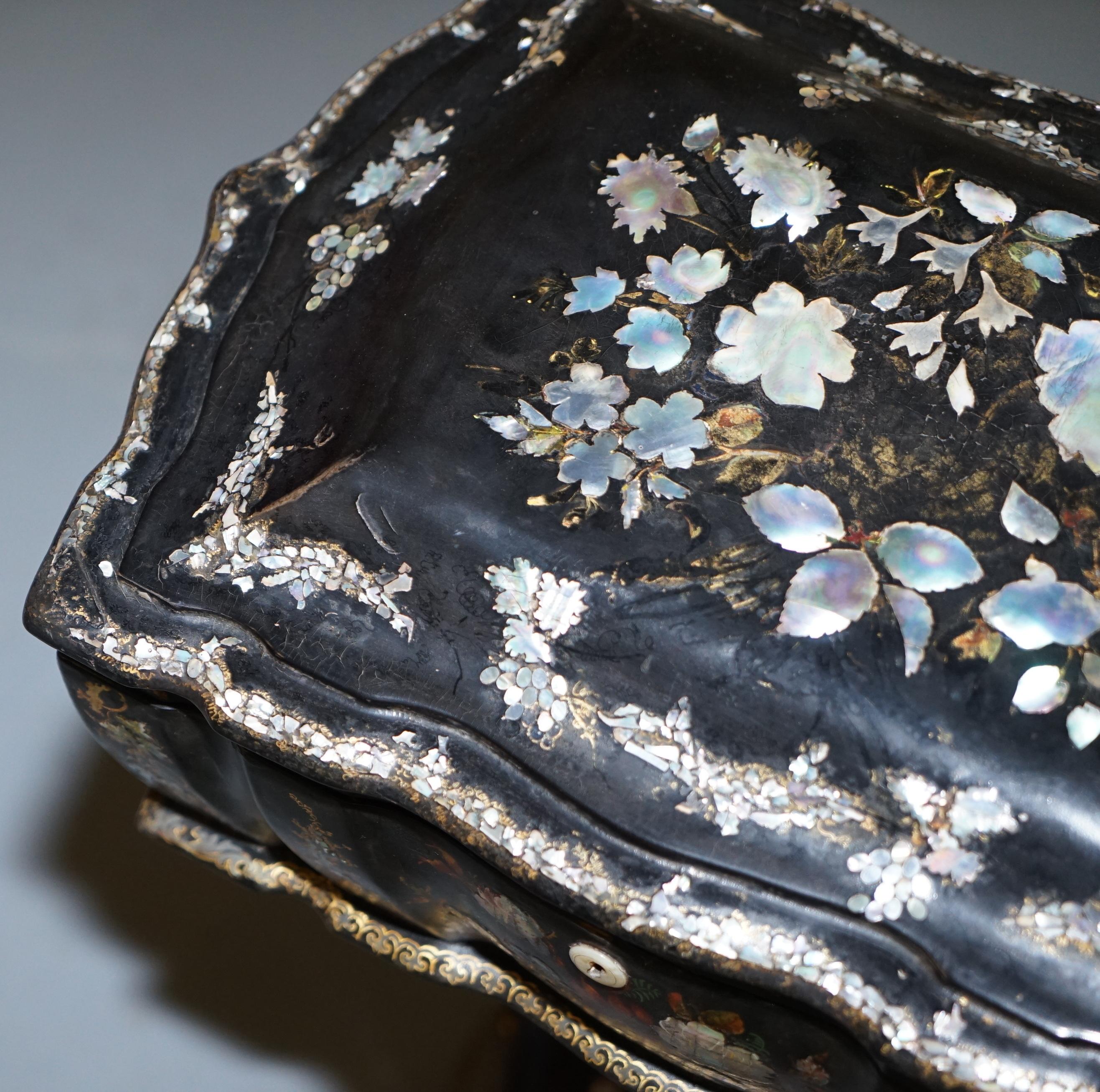 19th Century Sublime Victorian Mother of Papier Mâché Hand Painted Sewing Work Box