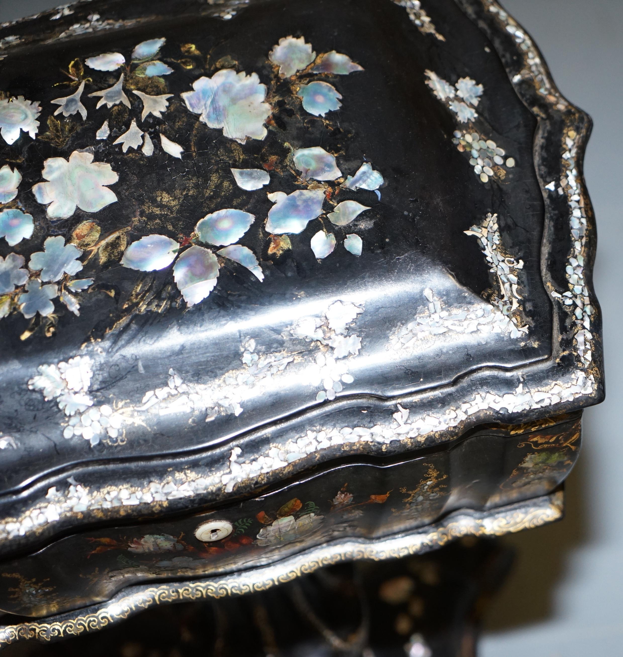 Sublime Victorian Mother of Papier Mâché Hand Painted Sewing Work Box 1