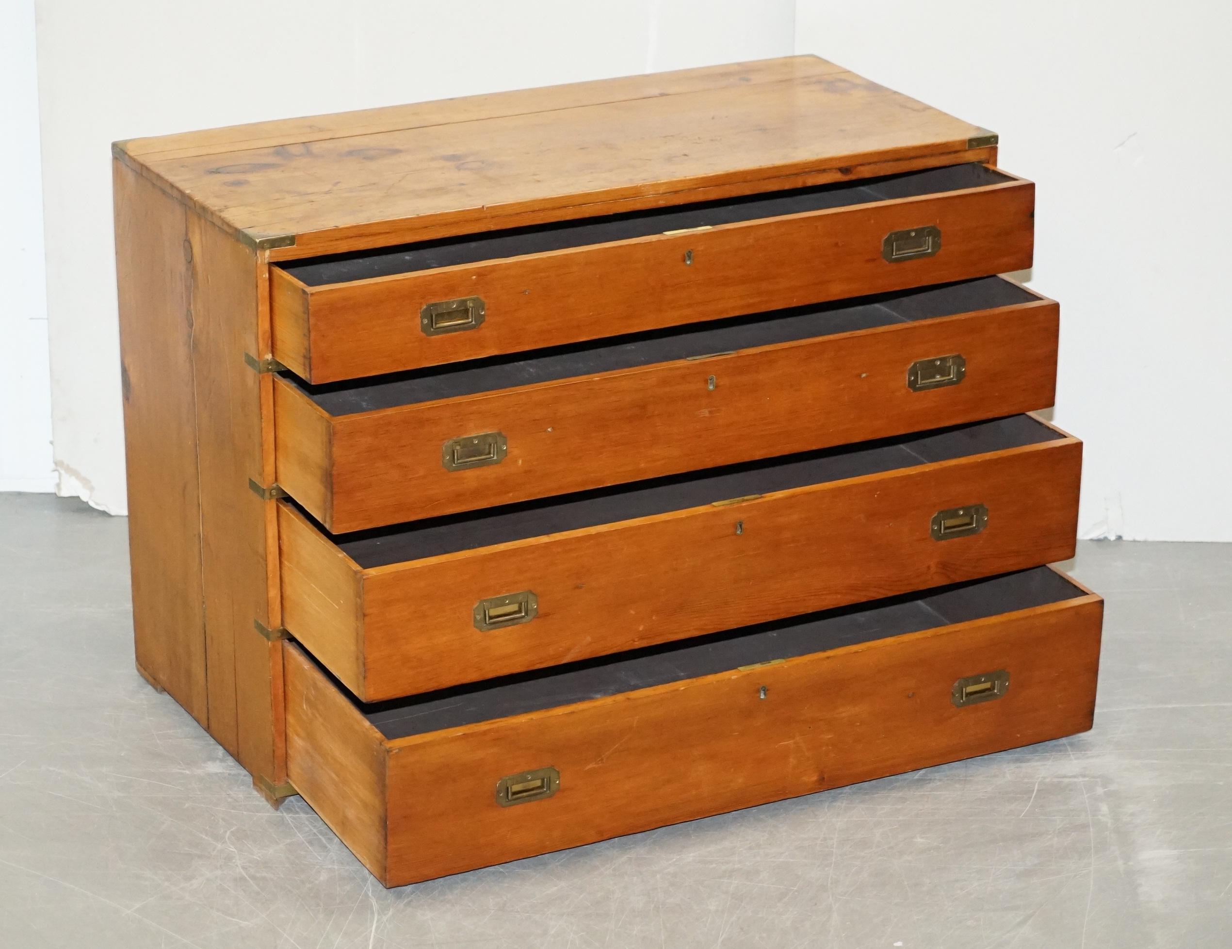 Sublime Victorian Pine Military Campaign Chest of Drawers Original Brass Fitting For Sale 5