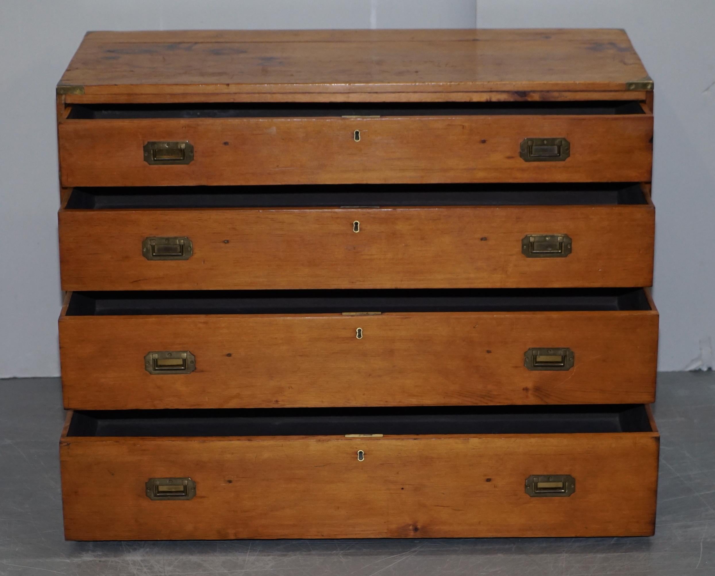 Sublime Victorian Pine Military Campaign Chest of Drawers Original Brass Fitting For Sale 6