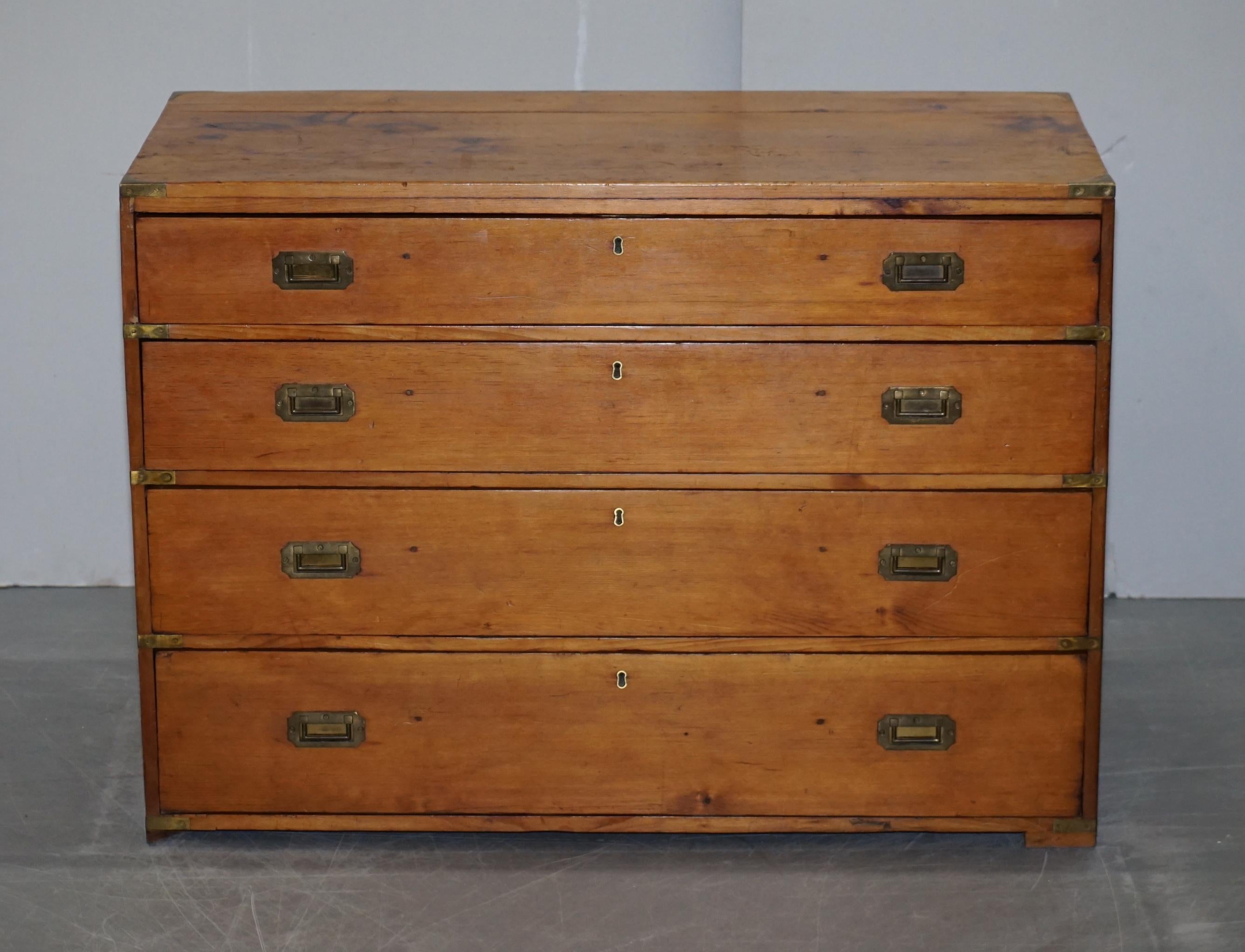 We are delighted to offer for sale this lovely original circa 1880 Victorian pine military campaign chest of drawers with original fittings

A very well made and functional chest of drawers. These are military campaign pieces and look sublime from