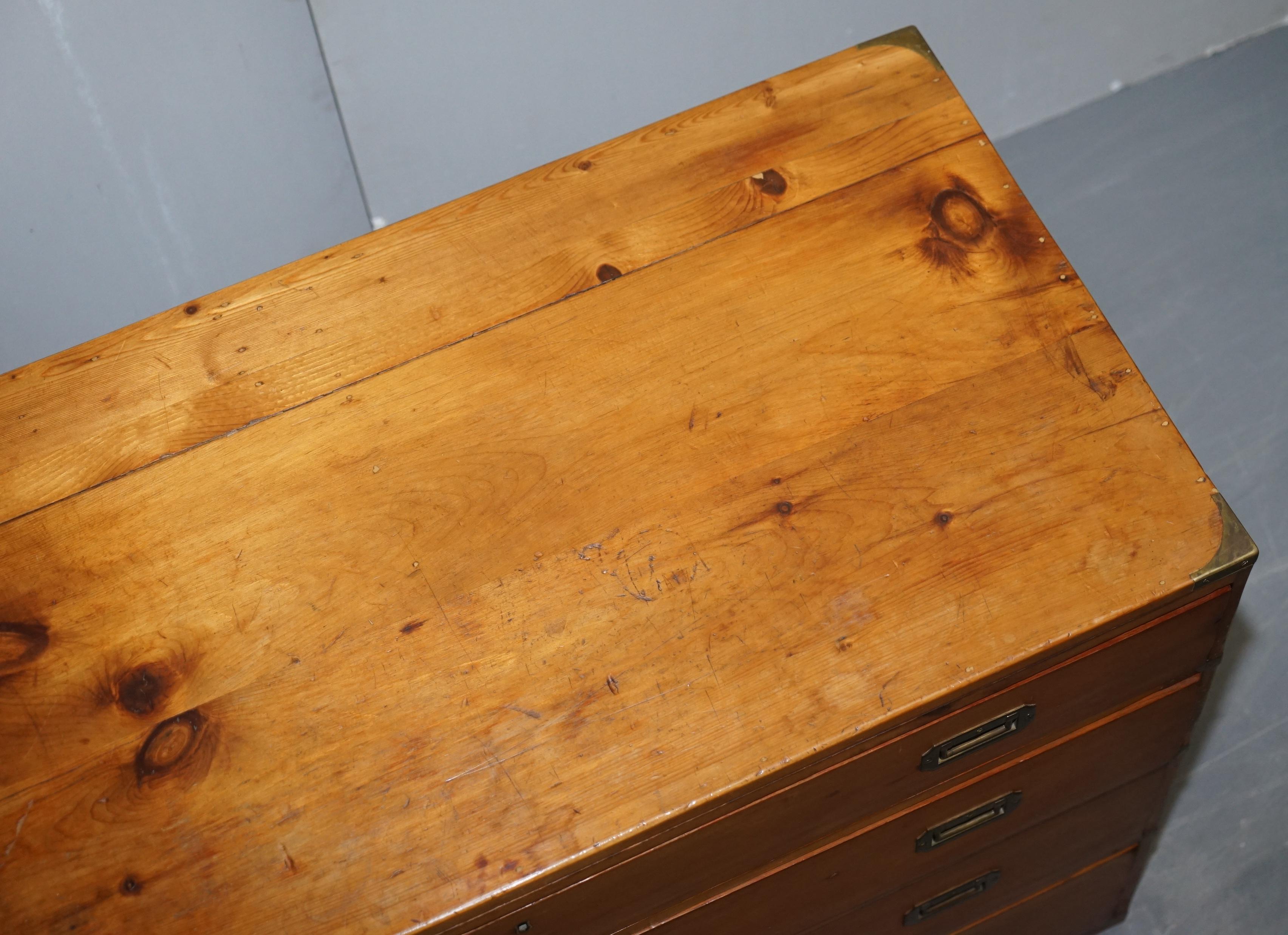 English Sublime Victorian Pine Military Campaign Chest of Drawers Original Brass Fitting For Sale