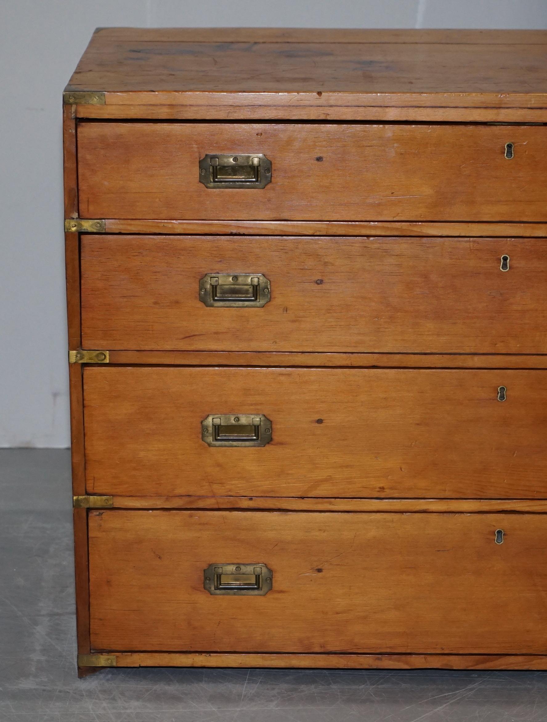 Hand-Crafted Sublime Victorian Pine Military Campaign Chest of Drawers Original Brass Fitting For Sale