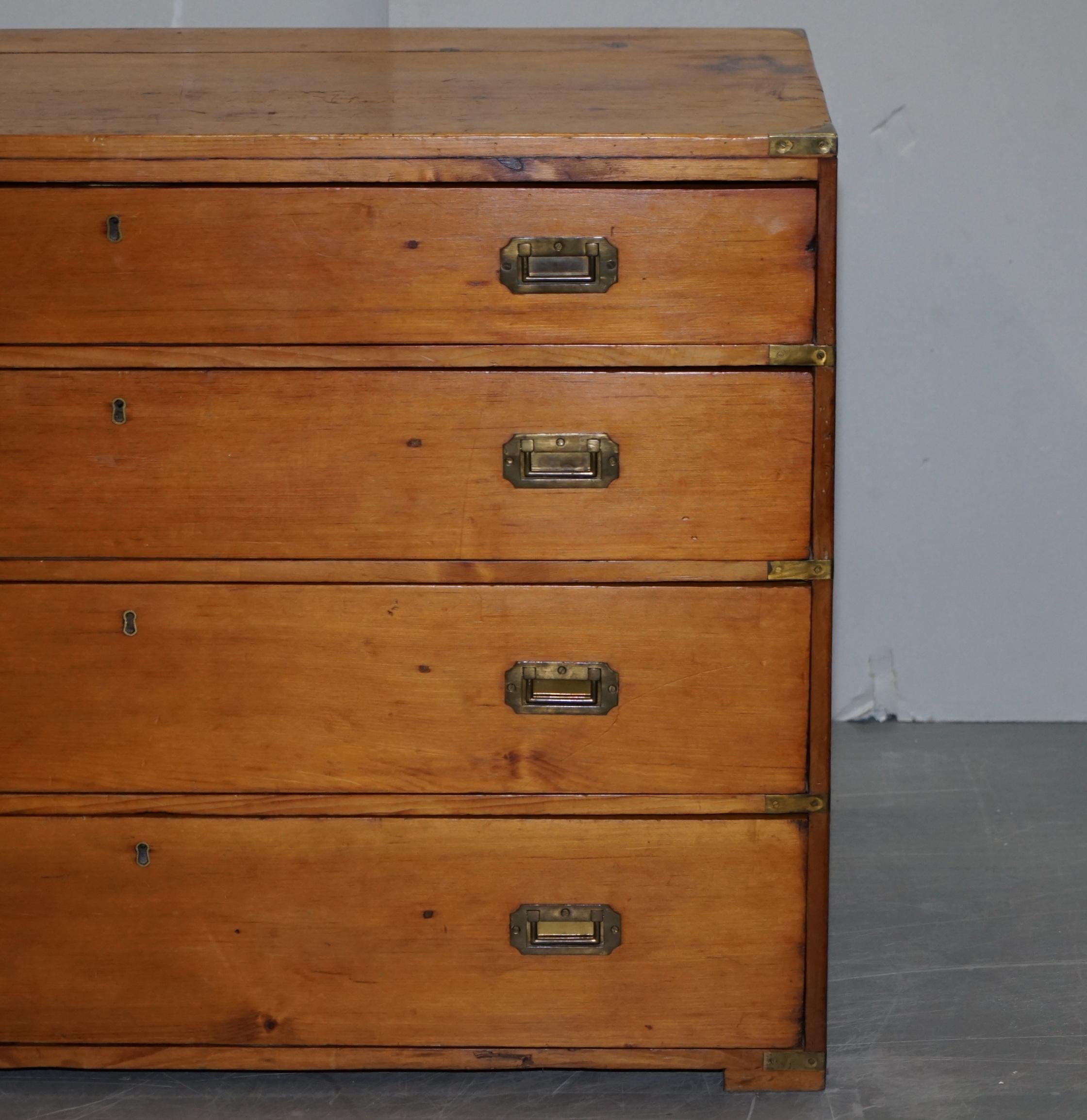 Late 19th Century Sublime Victorian Pine Military Campaign Chest of Drawers Original Brass Fitting For Sale