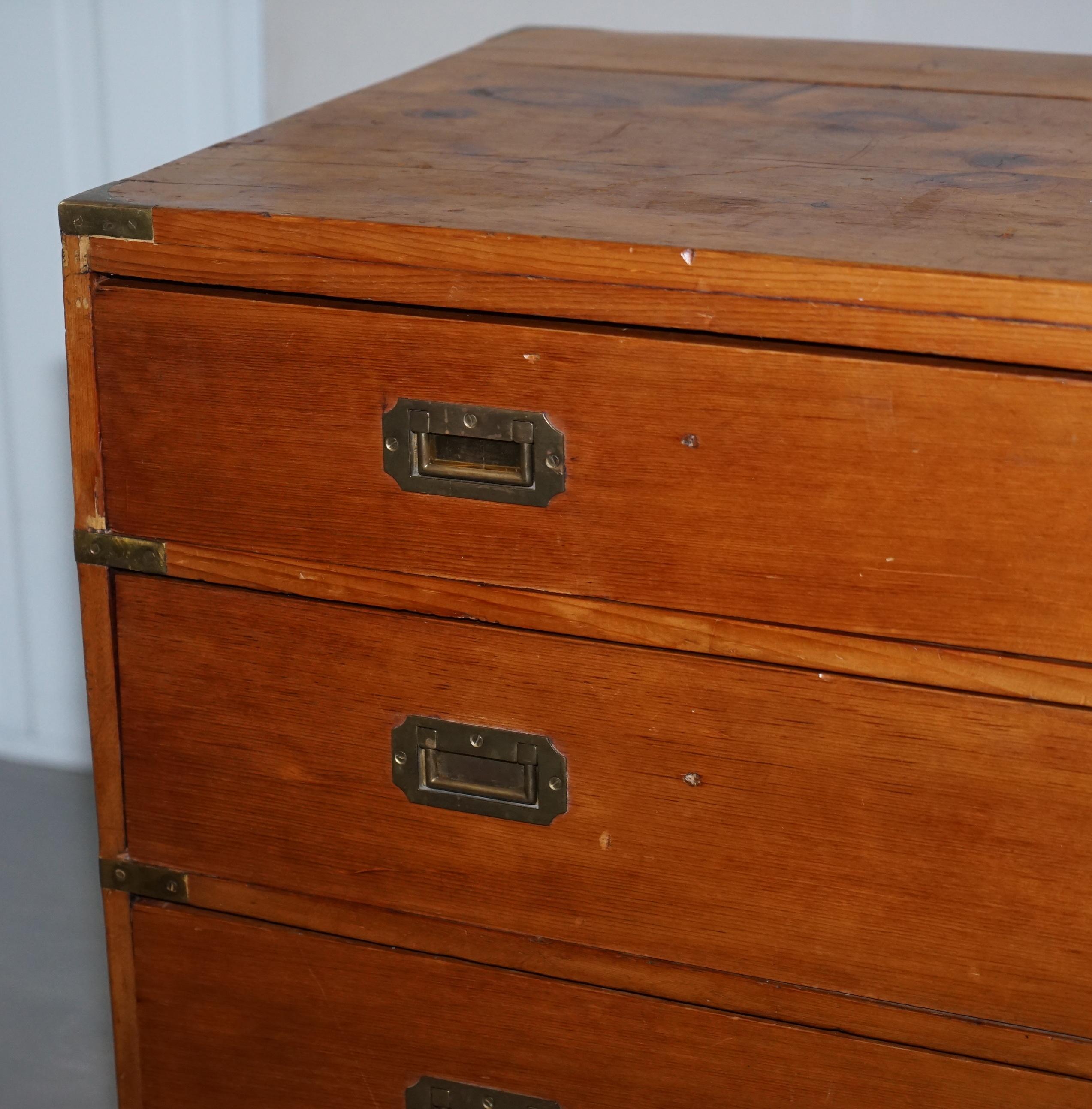 Sublime Victorian Pine Military Campaign Chest of Drawers Original Brass Fitting For Sale 1