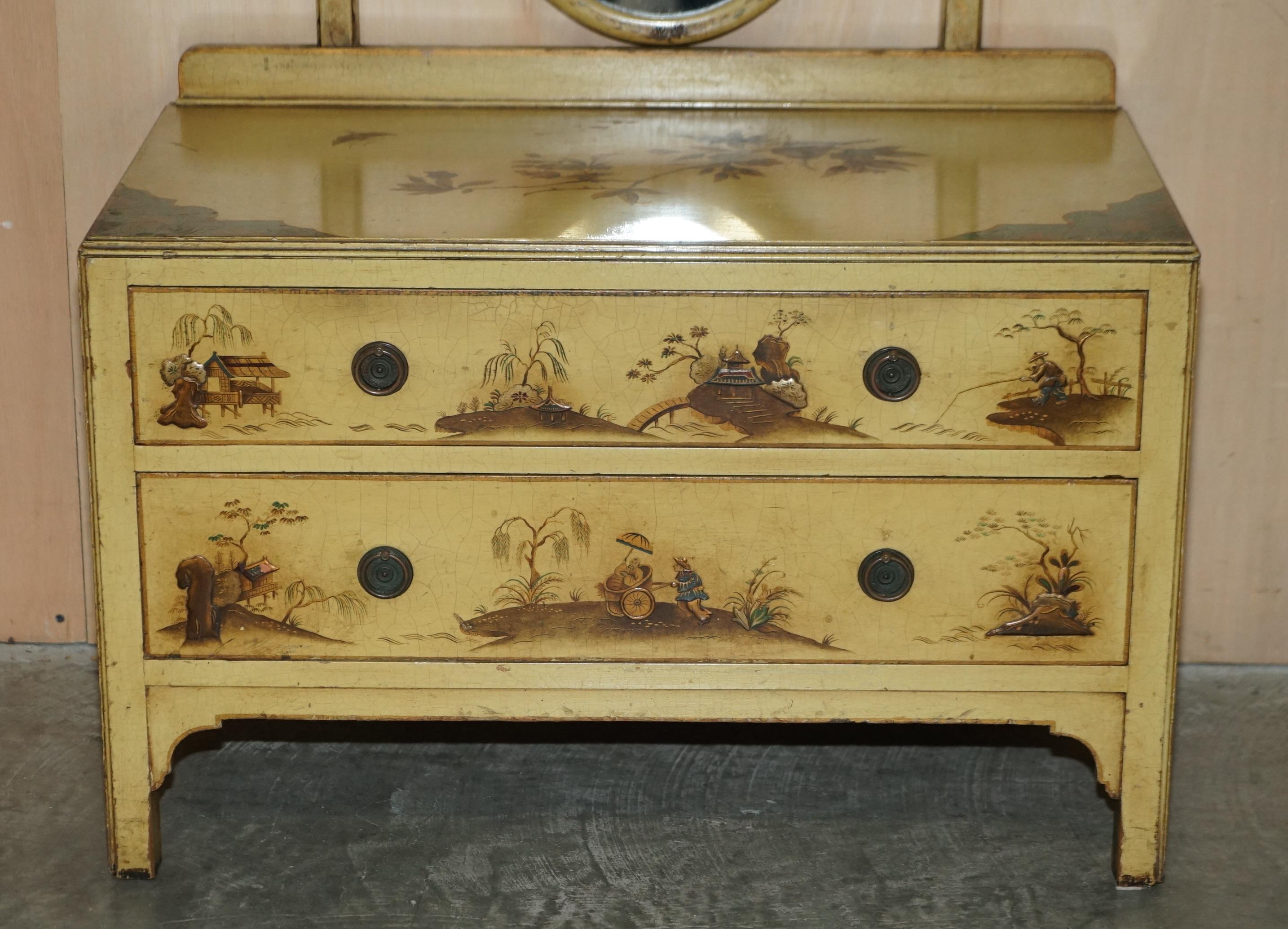 Hand-Painted Sublime Vintage Chinese Chinoiserie Chest of Drawers with Mirror Dressing Table For Sale