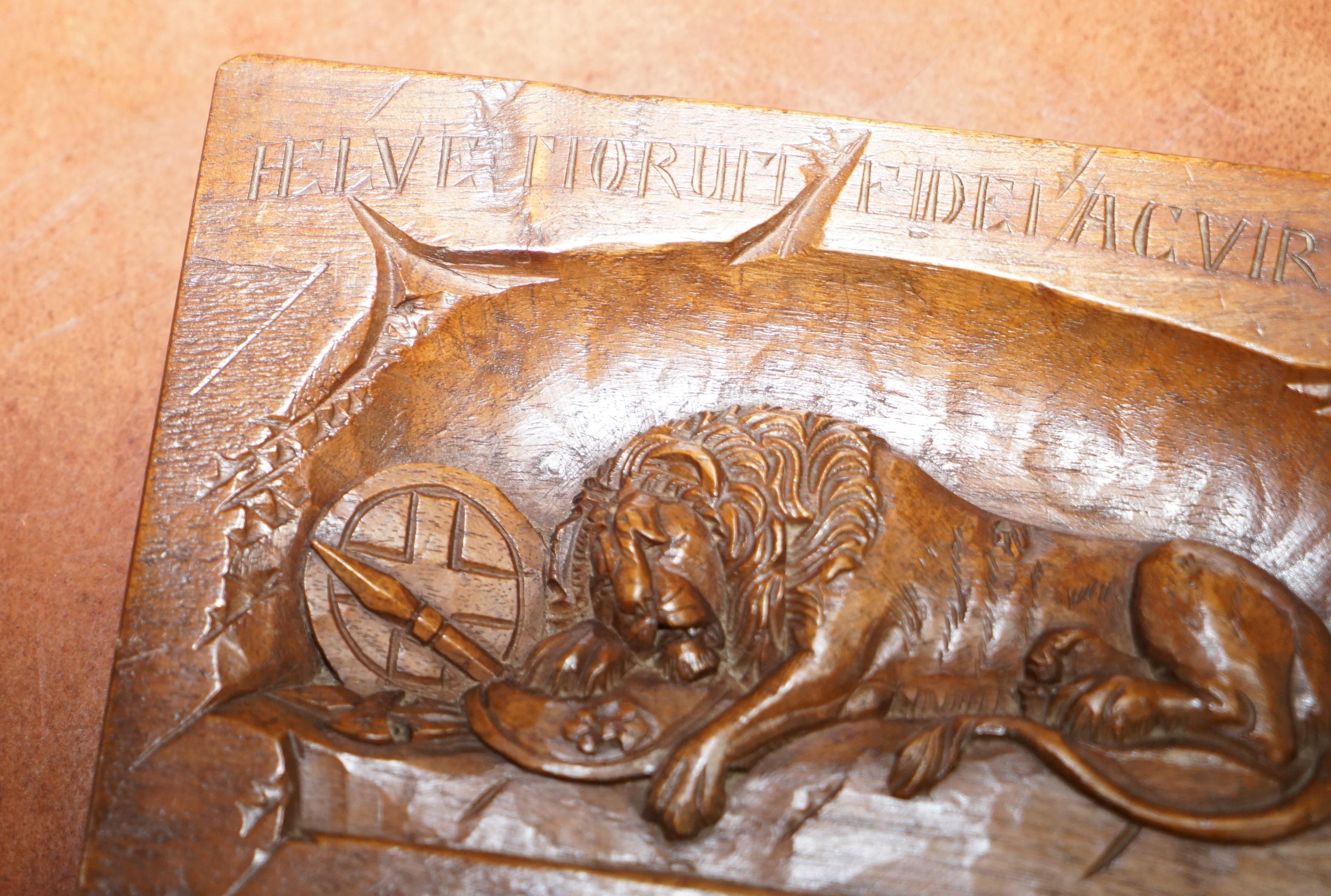 Hand-Crafted Sublime Vintage Hand Cavred Wooden Plaque & Documents of the Lion of Lucerne For Sale