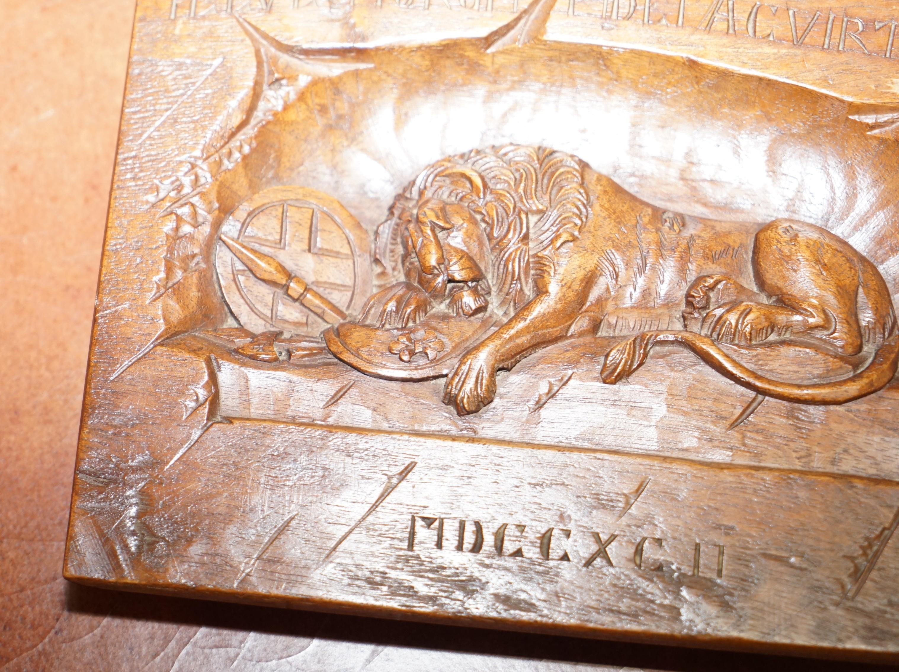 Oak Sublime Vintage Hand Cavred Wooden Plaque & Documents of the Lion of Lucerne For Sale