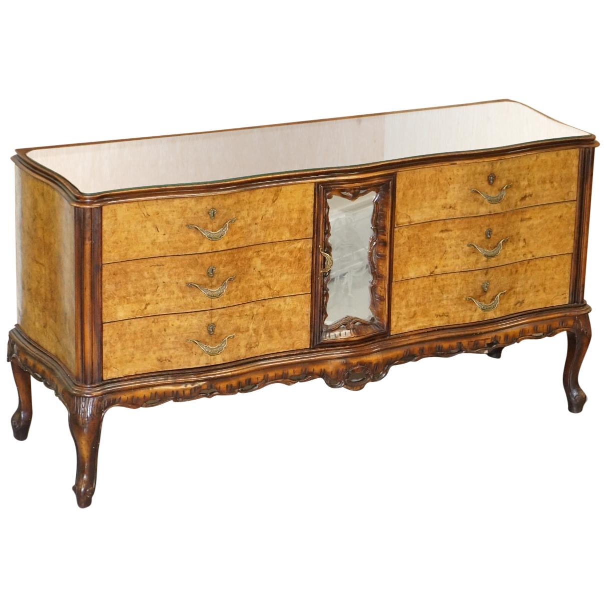 Sublime Vintage Italian Burr Walnut Serpentine Fronted Sideboard Mirrored Top For Sale