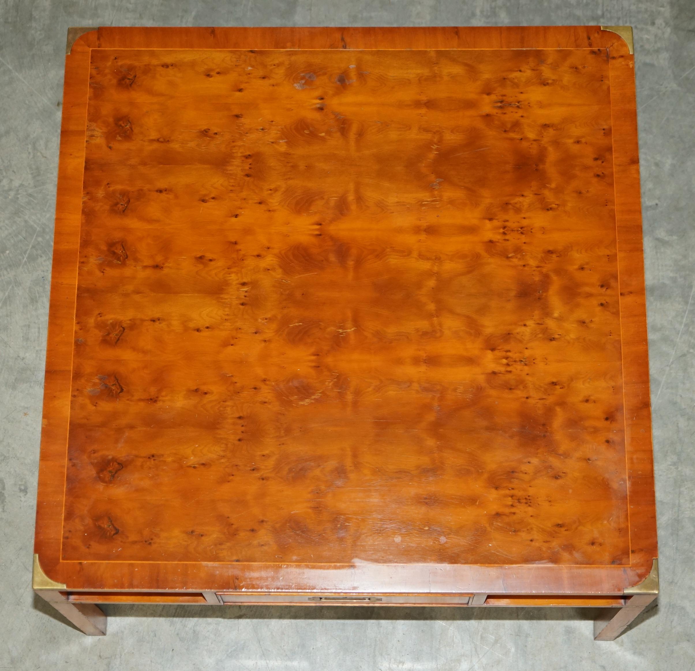 Sublime Vintage Military Campaign Burr Yew Wood Coffee Table with Book Shelf For Sale 6