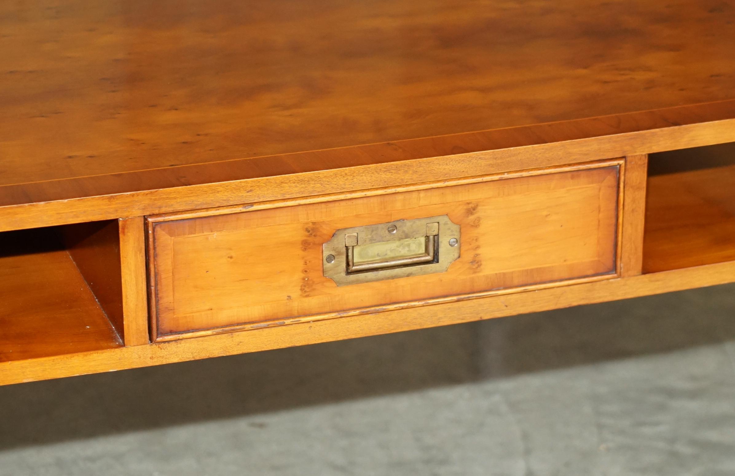 Sublime Vintage Military Campaign Burr Yew Wood Coffee Table with Book Shelf For Sale 2