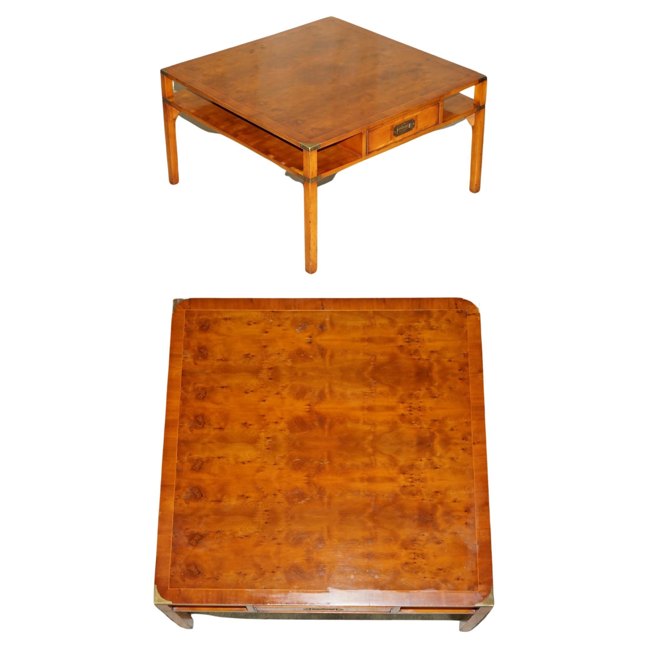 Sublime Vintage Military Campaign Burr Yew Wood Coffee Table with Book Shelf For Sale