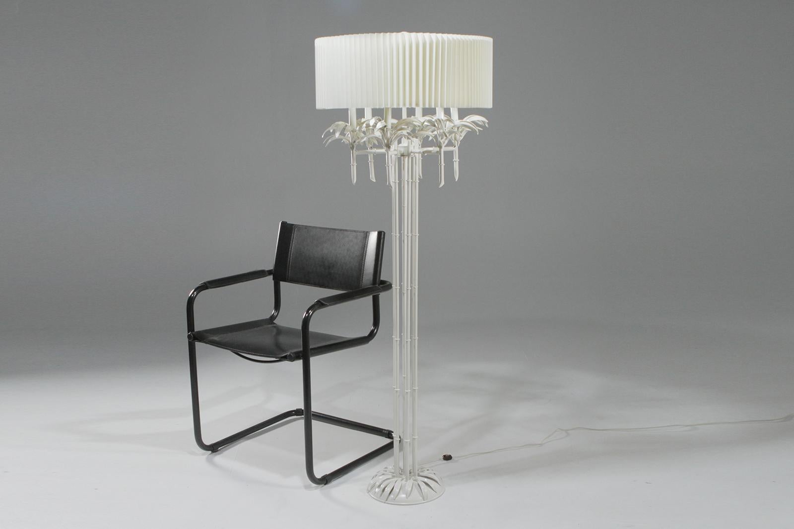 Hollywood Regency Sublimely Dramatic White Tole Faux Bamboo and Palm Motife Floor Lamp For Sale