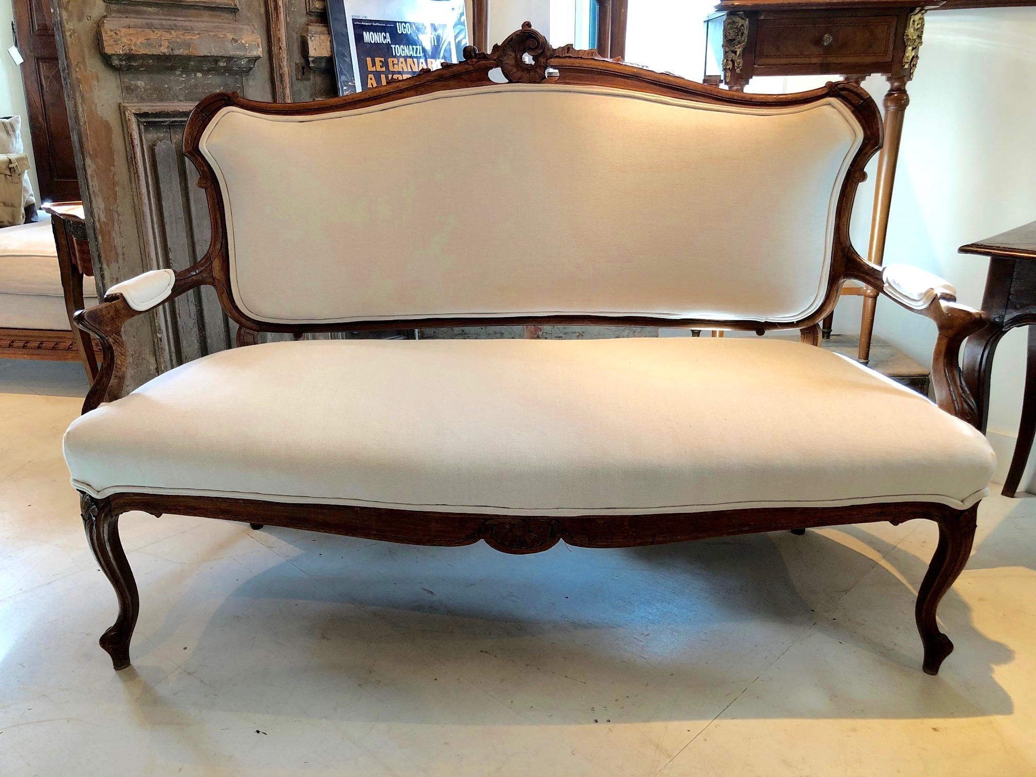 Sublimely Elegant Early French Carved Wood Sofa with New Upholstery 2