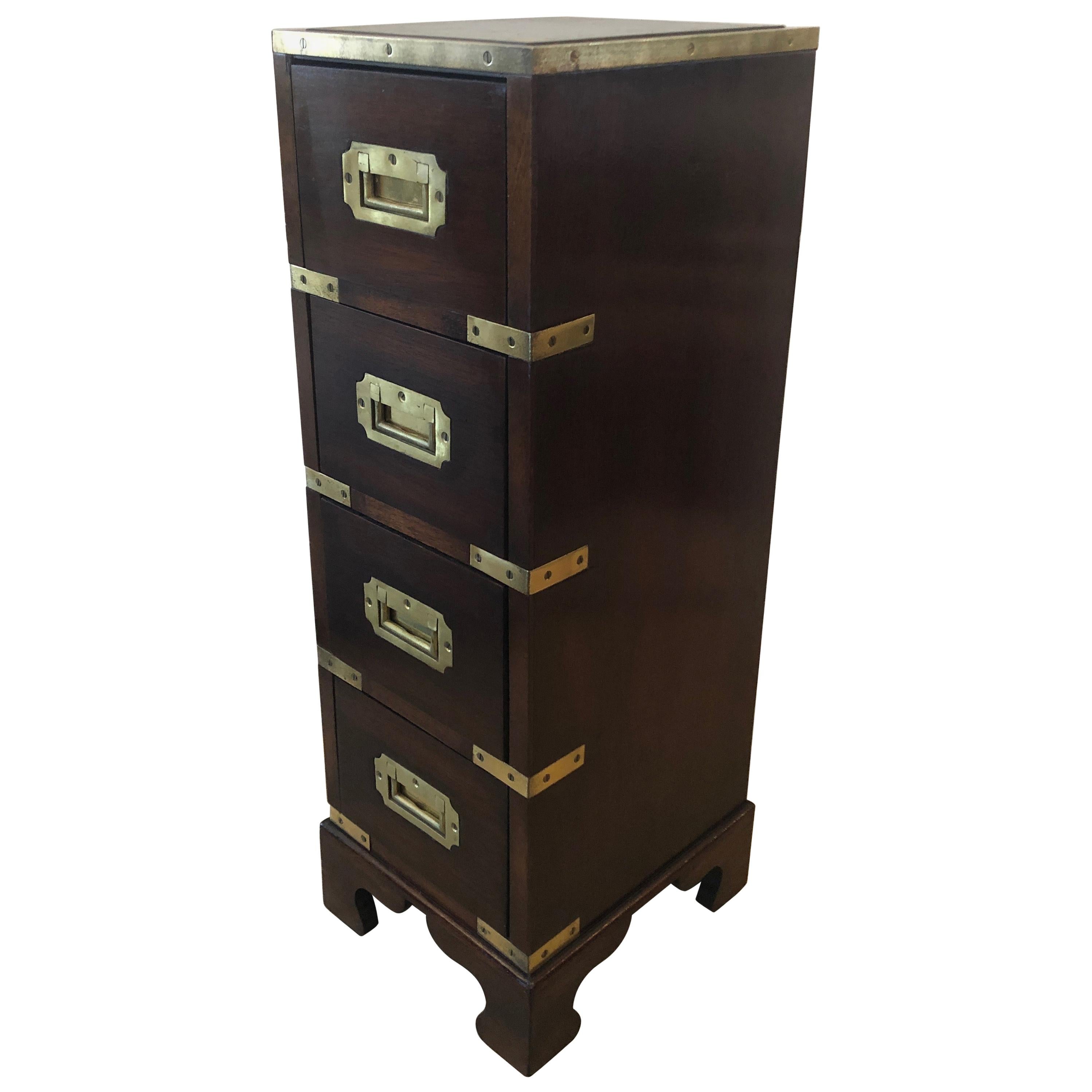 Sublimely Elegant Tall Narrow English Campaign Chest or Side End Table