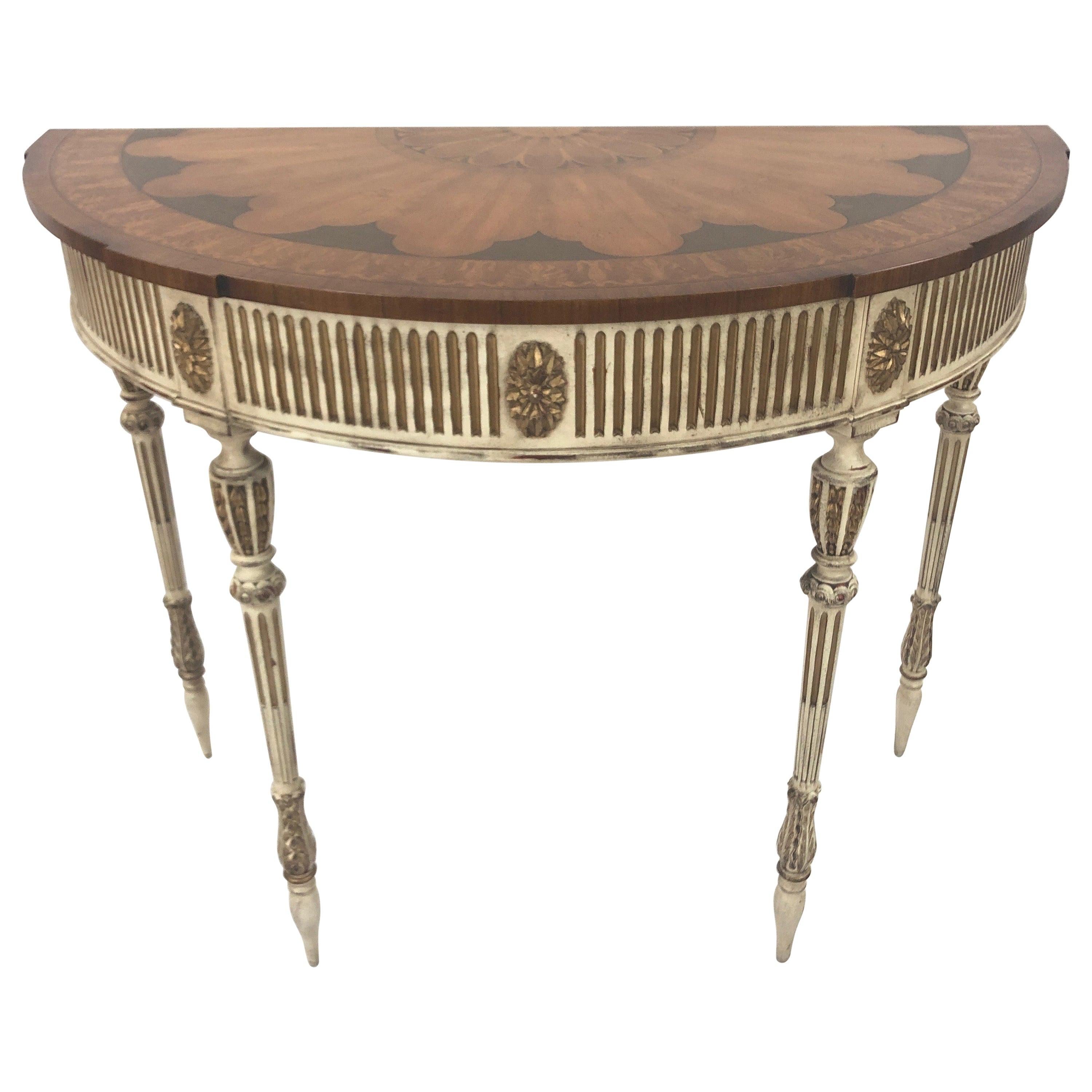 Sublimely Pretty Satinwood Inlay Painted and Gilded Demilune Console Table