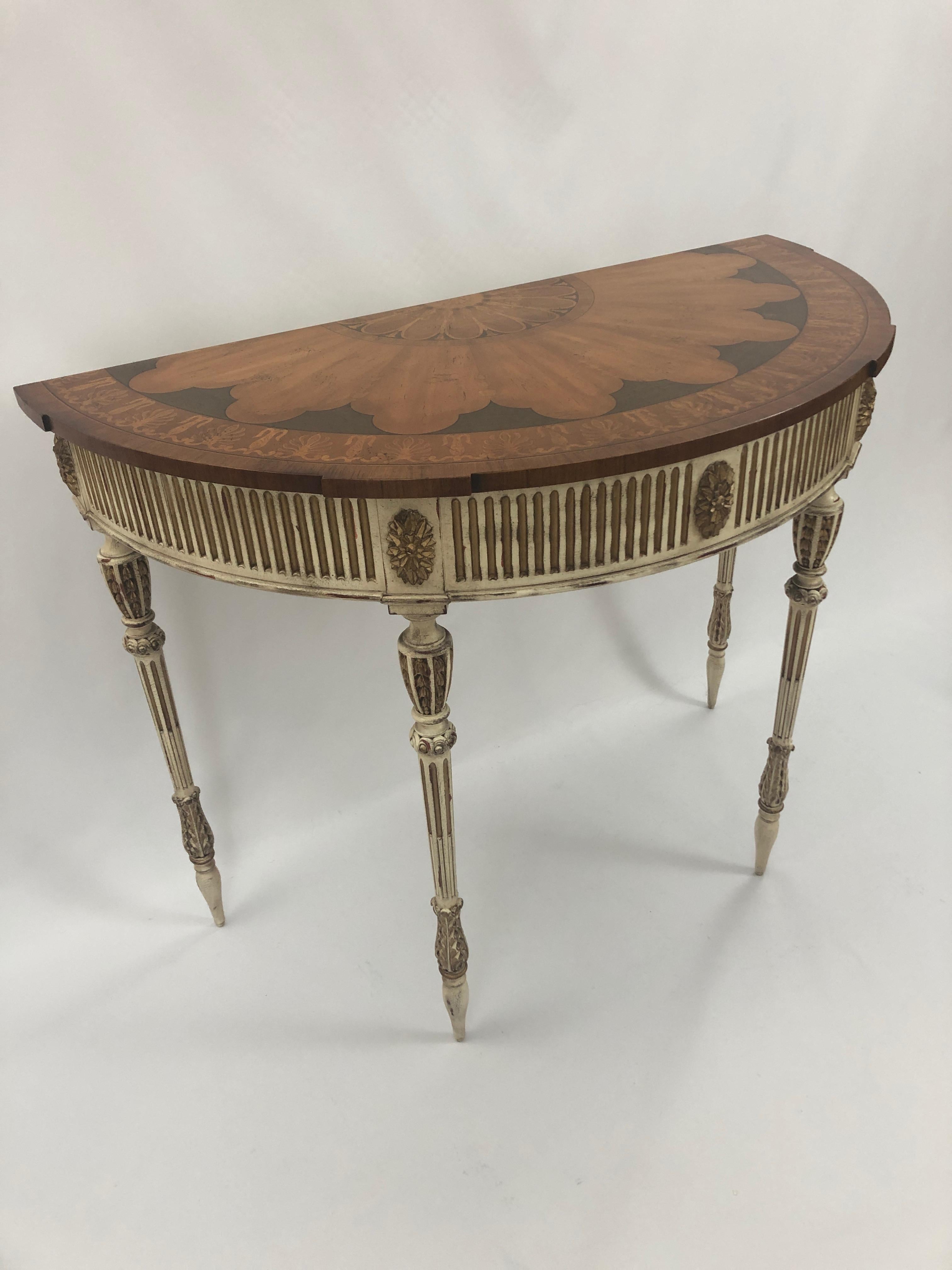 Sublimely Pretty Satinwood Inlay Painted and Gilded Demilune Console Table 3