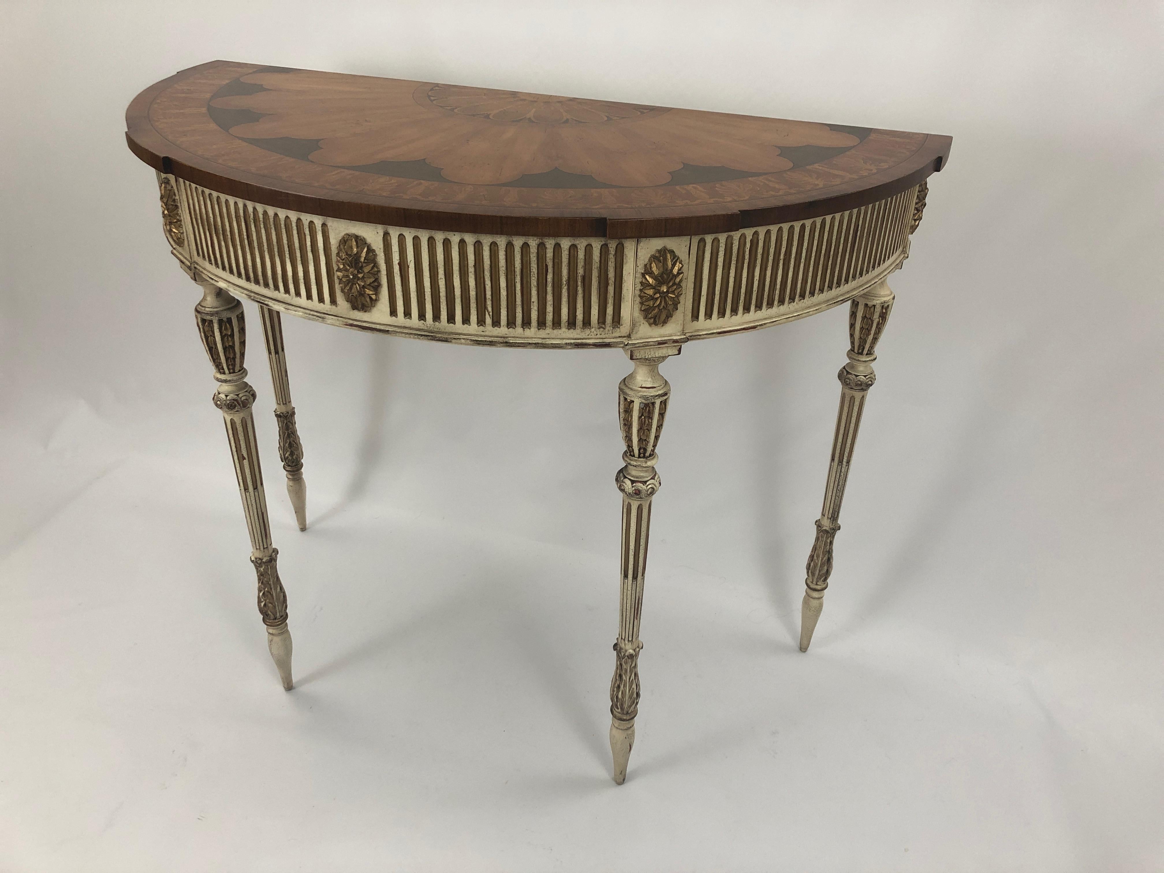 Sublimely Pretty Satinwood Inlay Painted and Gilded Demilune Console Table 2