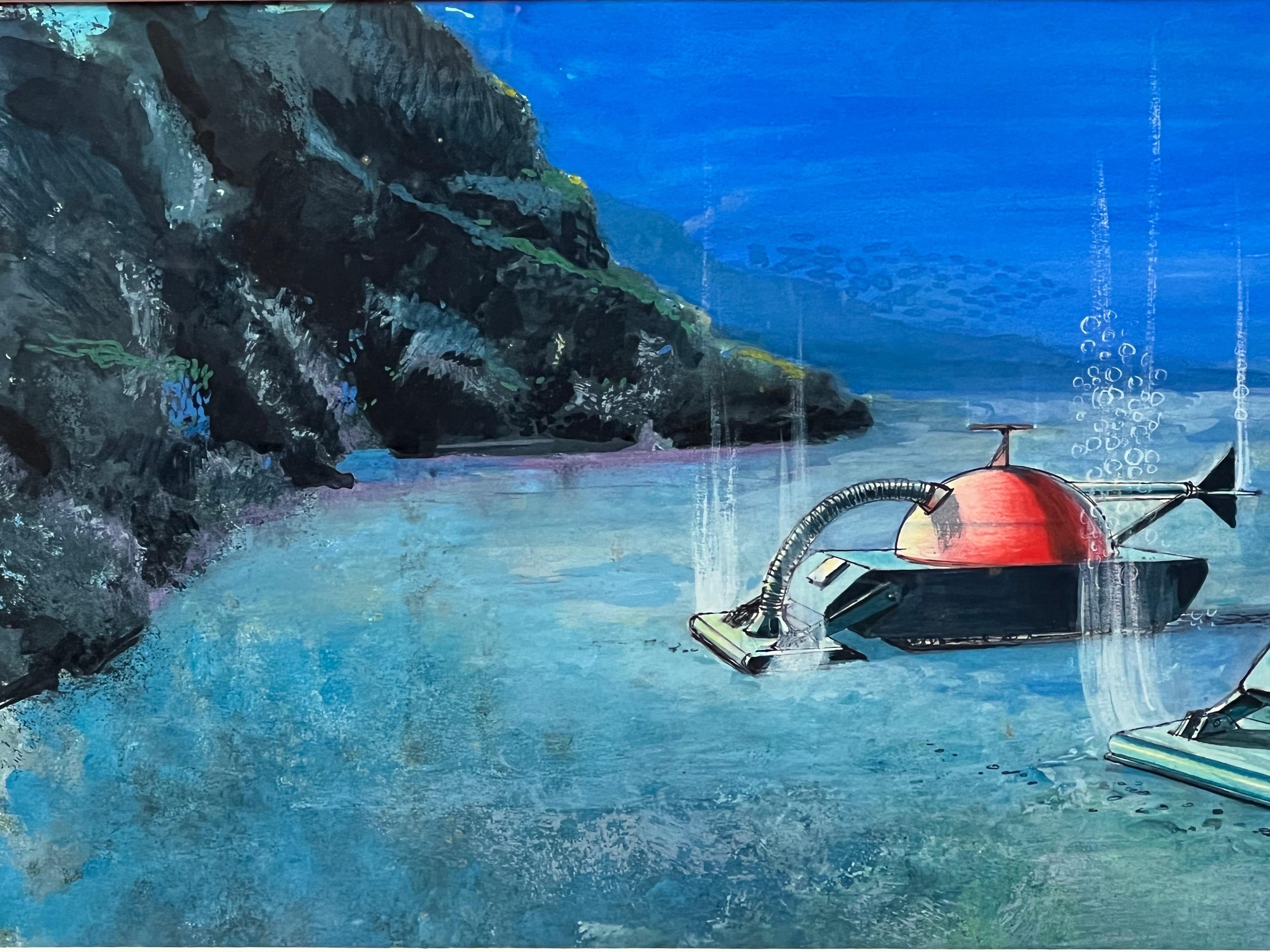 Futuriste Dystopie sous-marine #1 Paysage sous-marin futuriste Gouache en vente