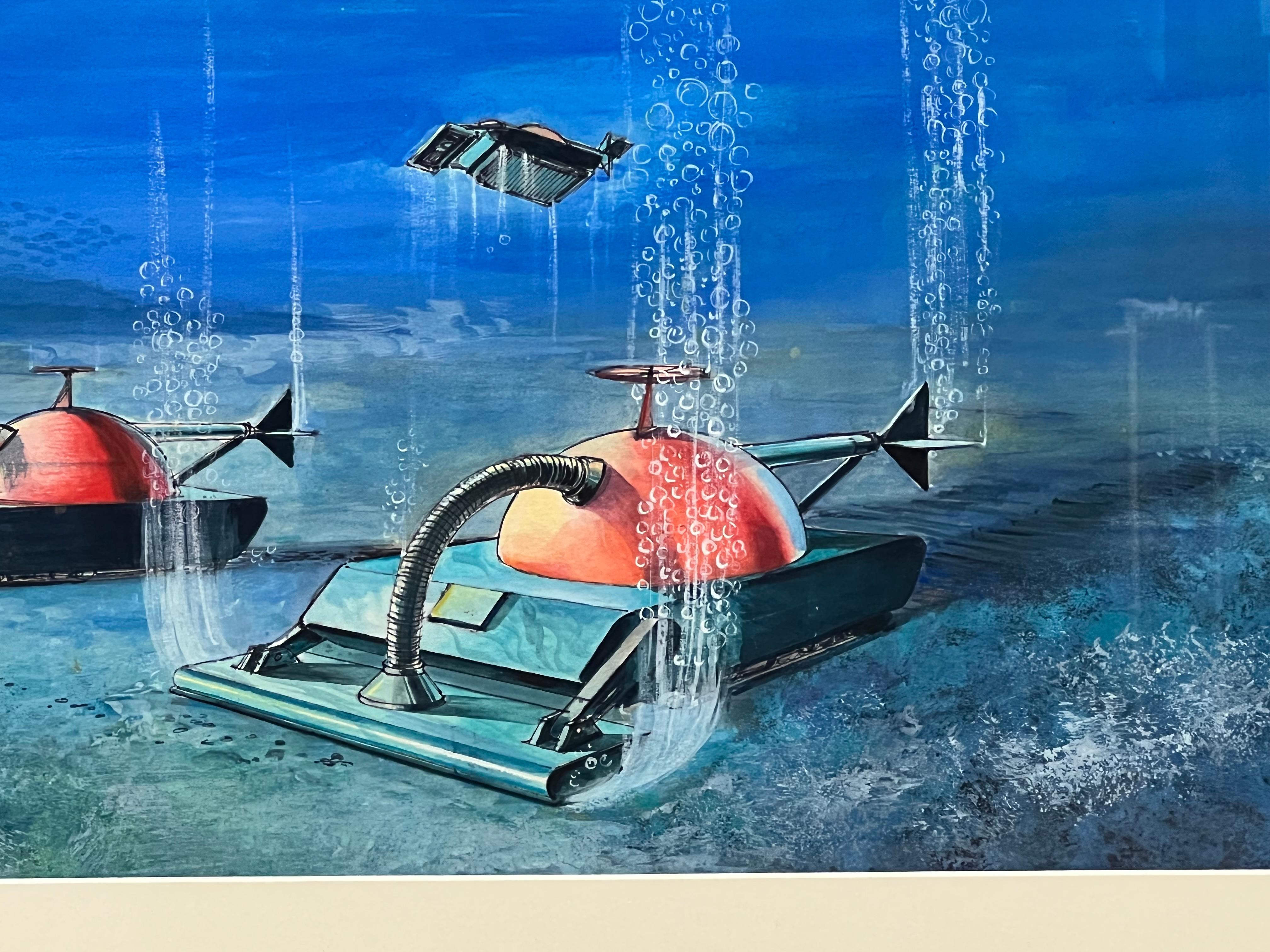 Américain Dystopie sous-marine #1 Paysage sous-marin futuriste Gouache en vente