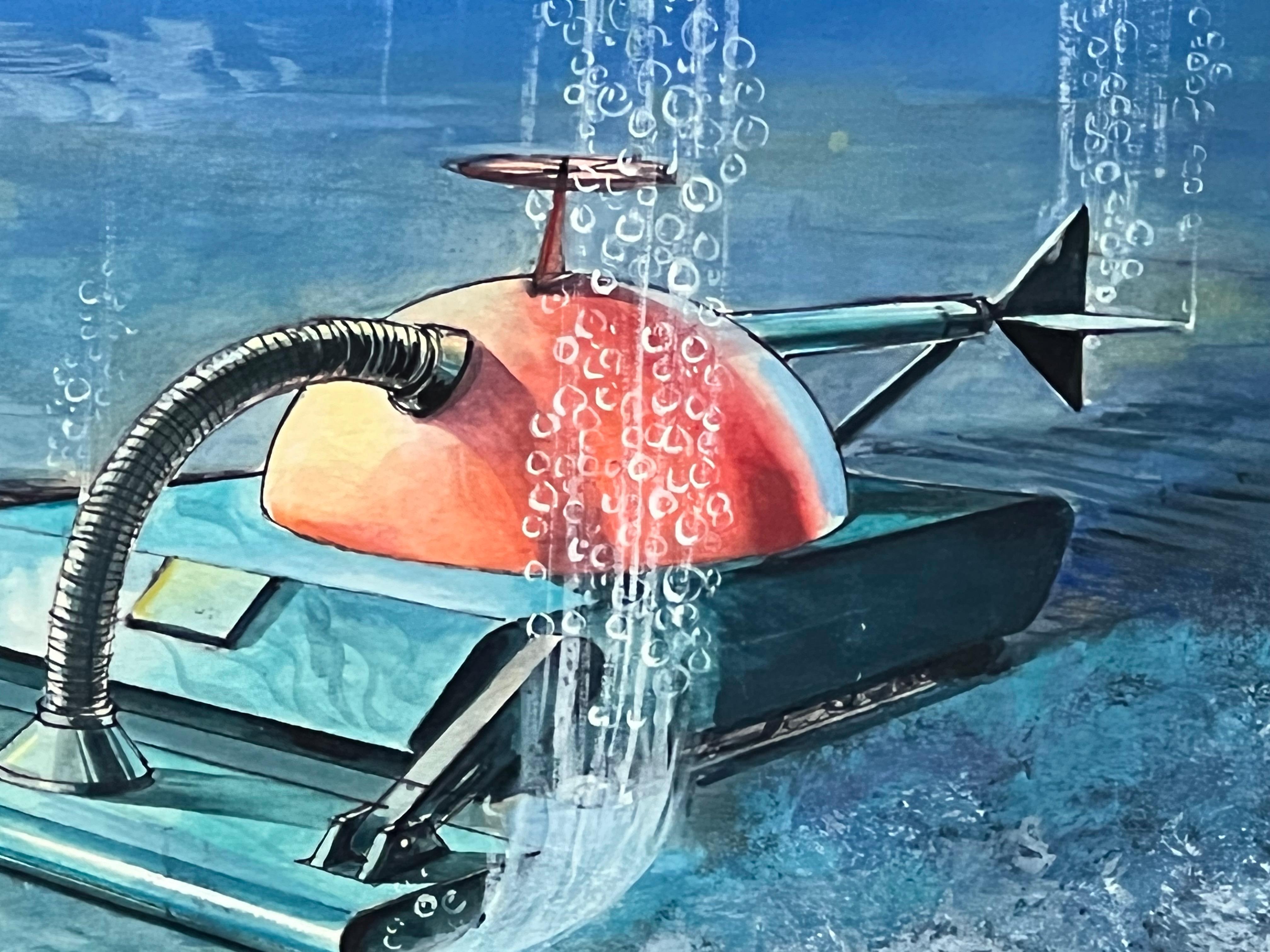 American Submarine Dystopia #1 Futuristic Underwater Landscape Gouache For Sale