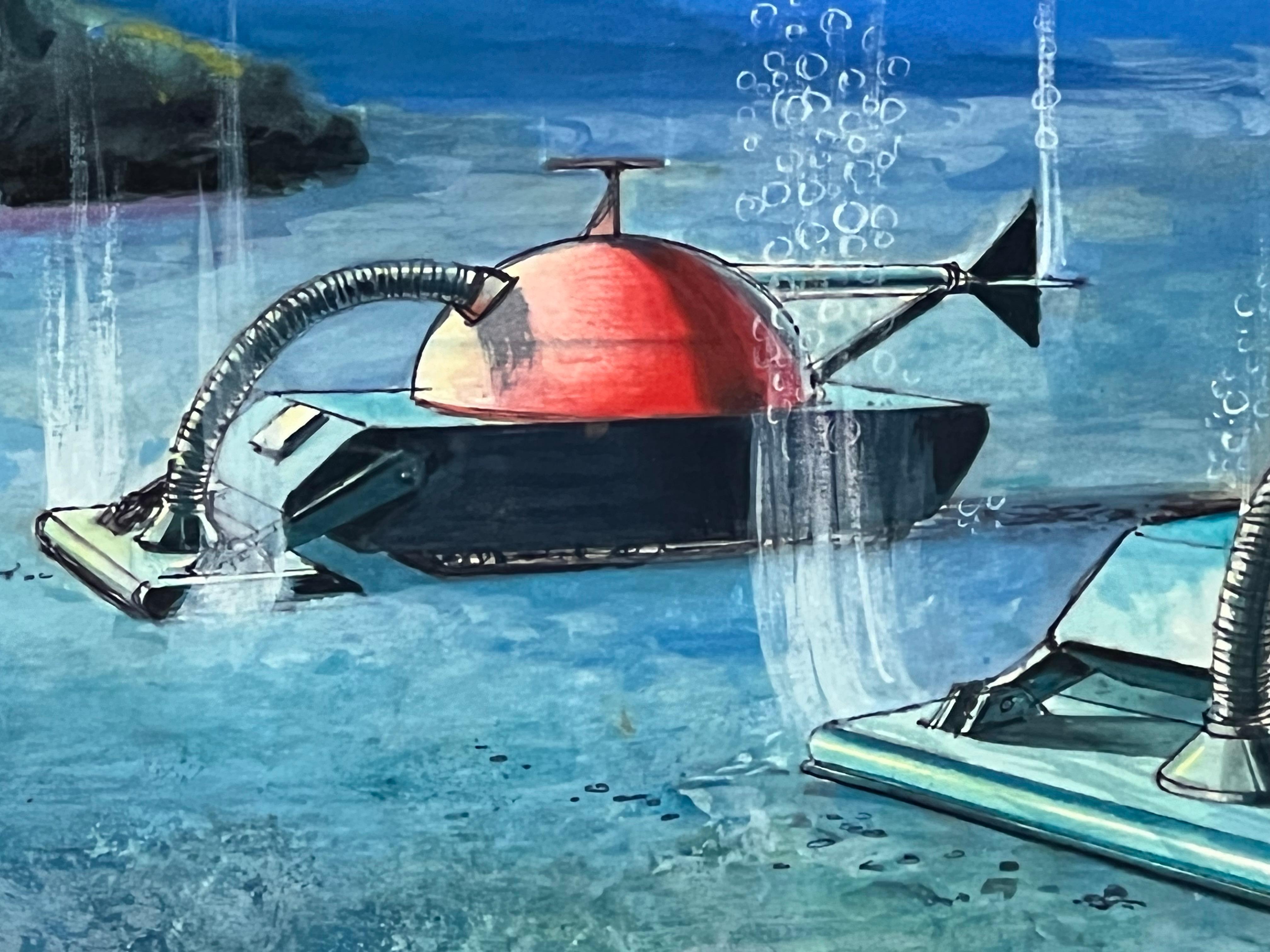 Painted Submarine Dystopia #1 Futuristic Underwater Landscape Gouache For Sale