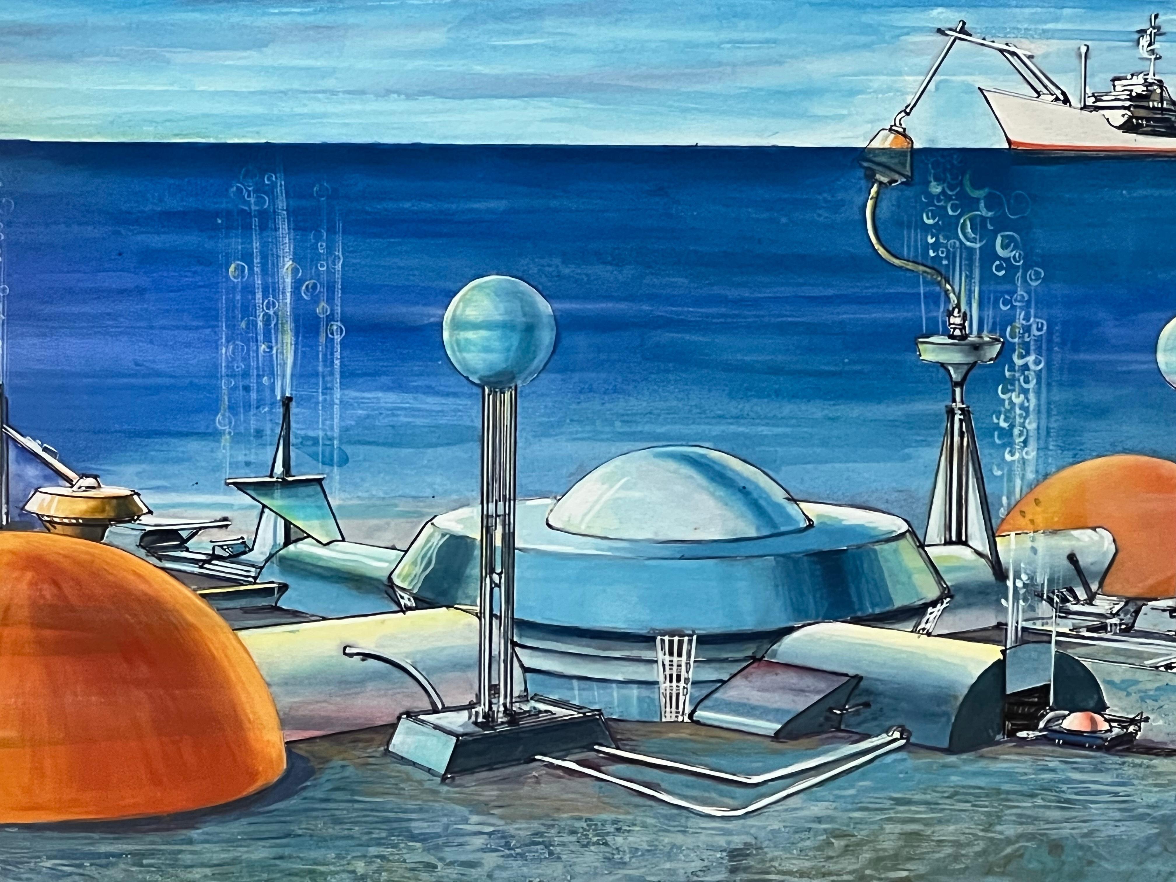 American Submarine Dystopia #2 Futuristic Underwater Landscape Gouache For Sale