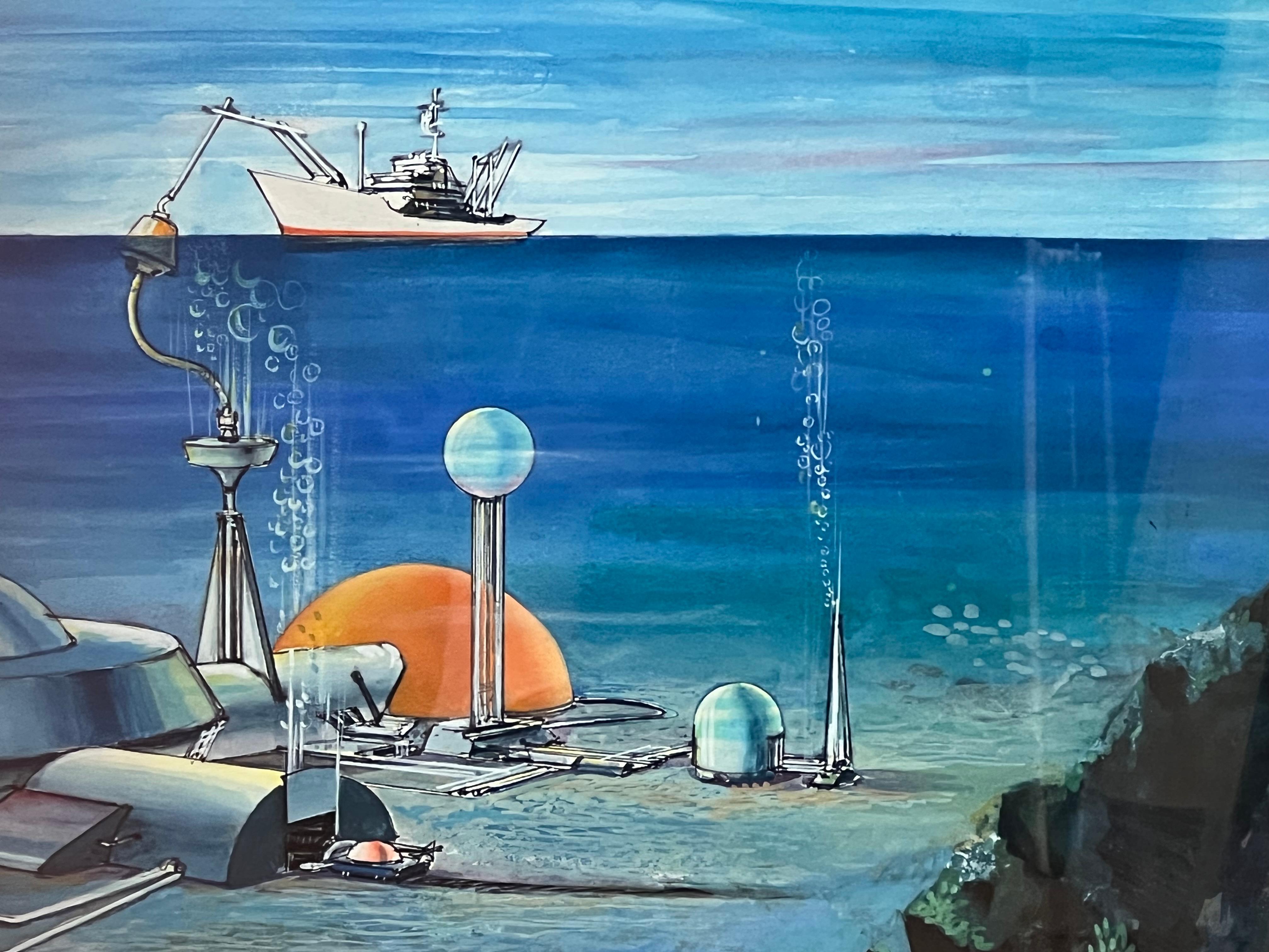 Painted Submarine Dystopia #2 Futuristic Underwater Landscape Gouache For Sale