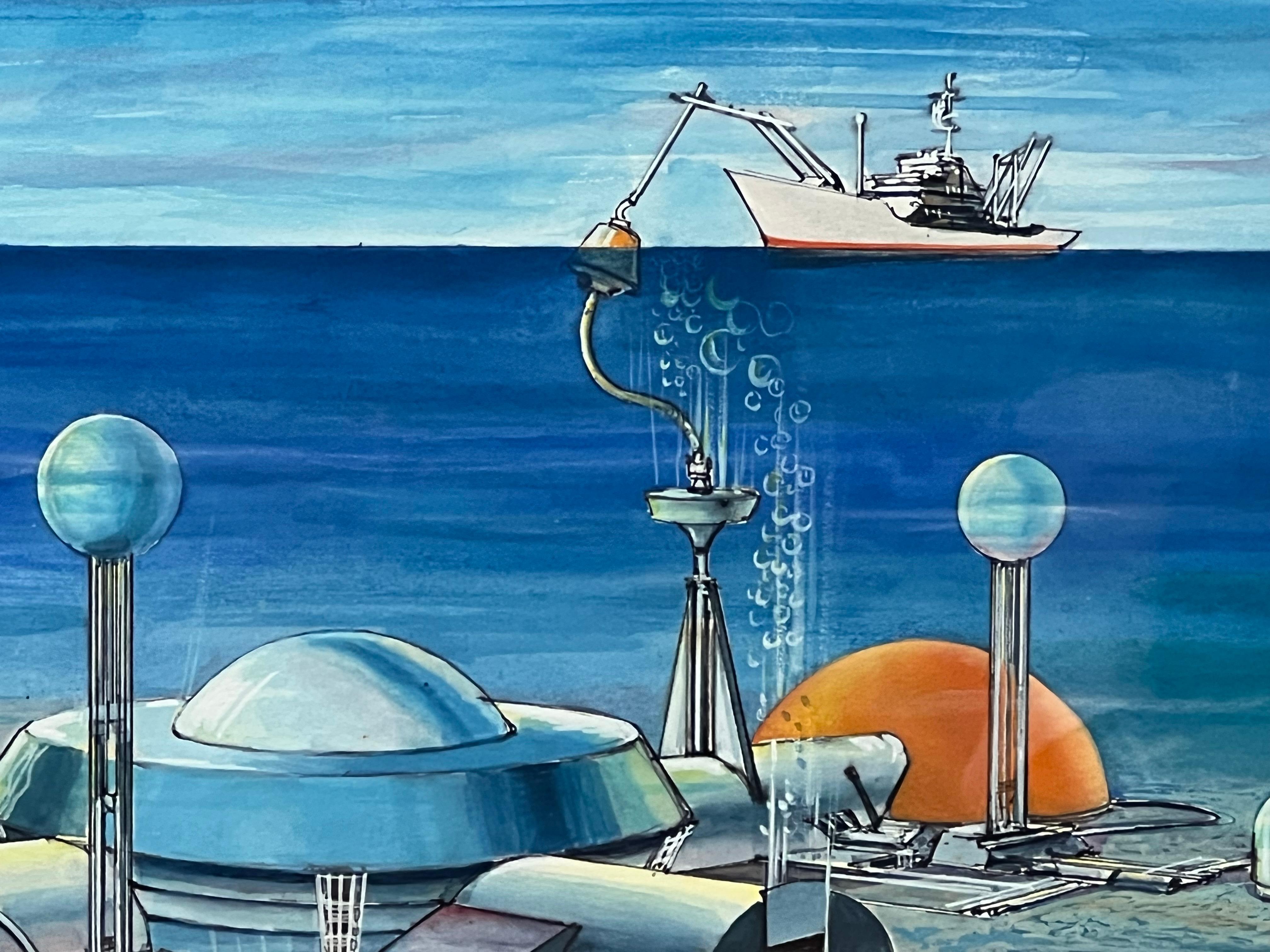 Mid-20th Century Submarine Dystopia #2 Futuristic Underwater Landscape Gouache For Sale