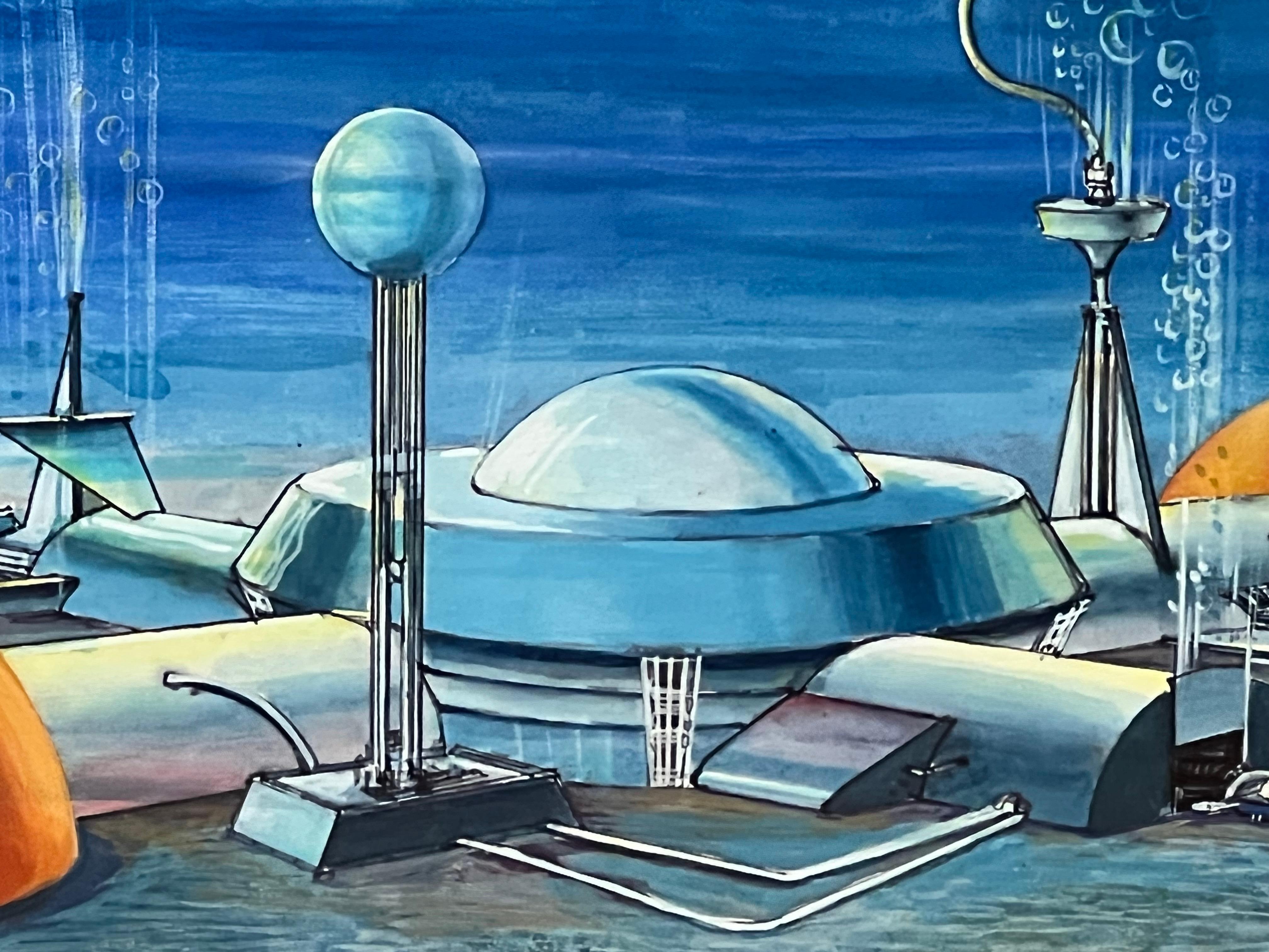 Paper Submarine Dystopia #2 Futuristic Underwater Landscape Gouache For Sale