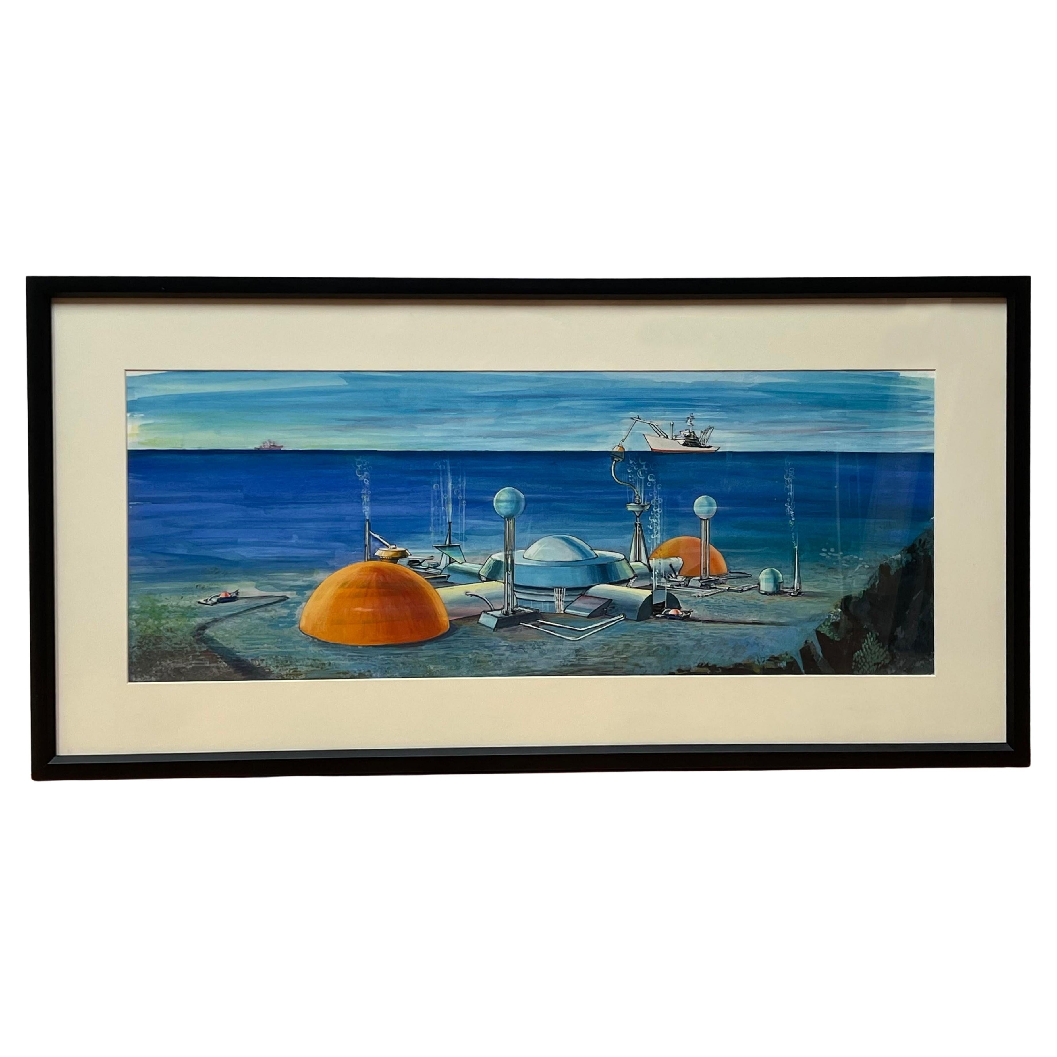 Submarine Dystopia #2 Futuristic Underwater Landscape Gouache For Sale