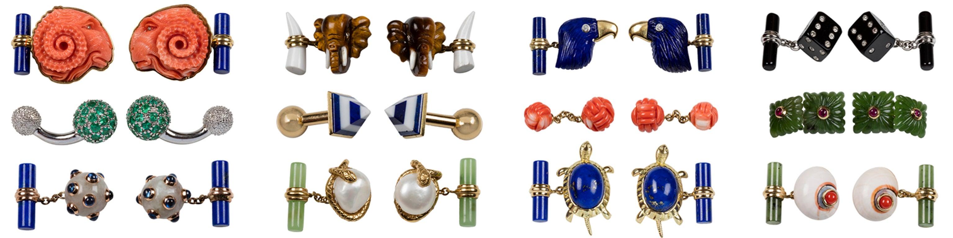 Cabochon Submarine Mine Cufflinks in Jade, Ruby and Lapis Lazuli For Sale