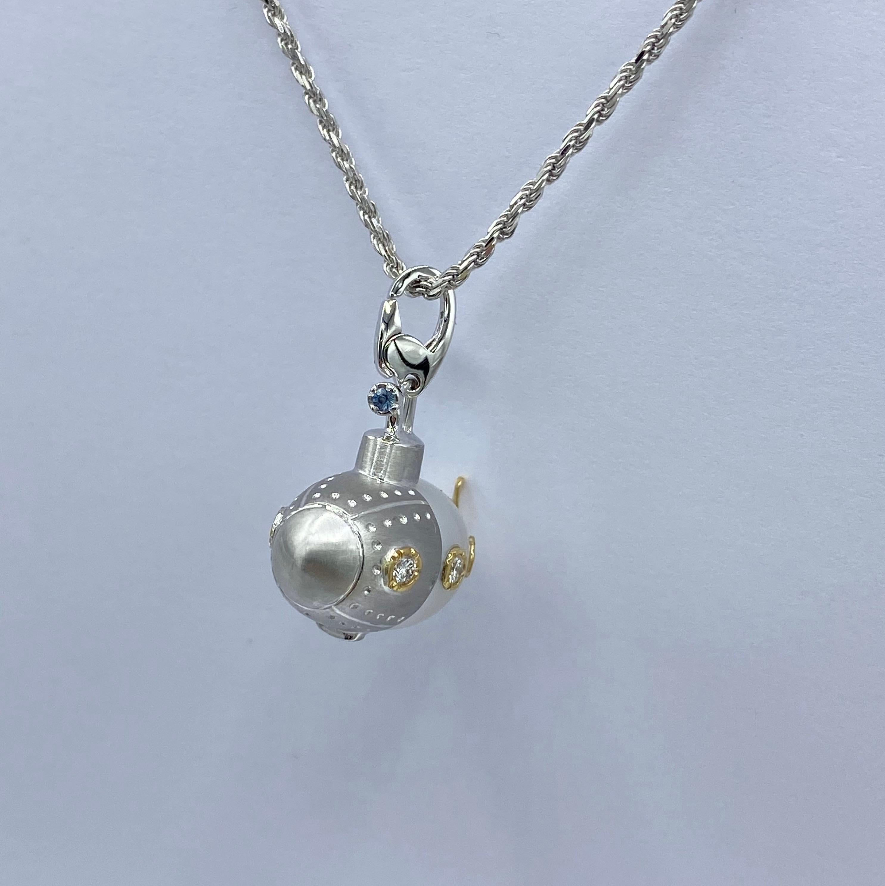 Artisan Submarine White Diamond Sapphire Yellow White 18Kt gold Pendant/ Necklace Charm