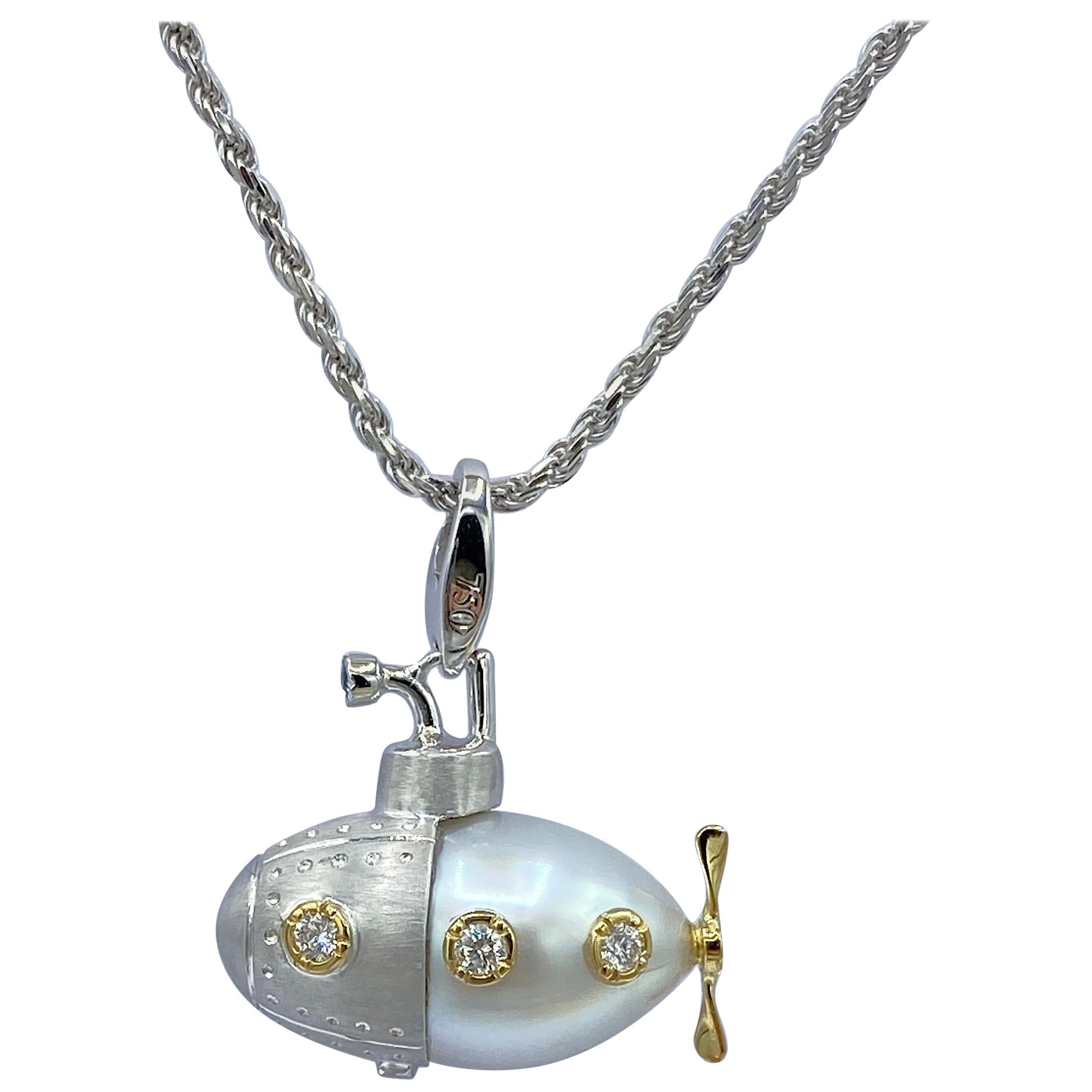 Submarine White Diamond Sapphire Yellow White 18Kt gold Pendant/ Necklace Charm