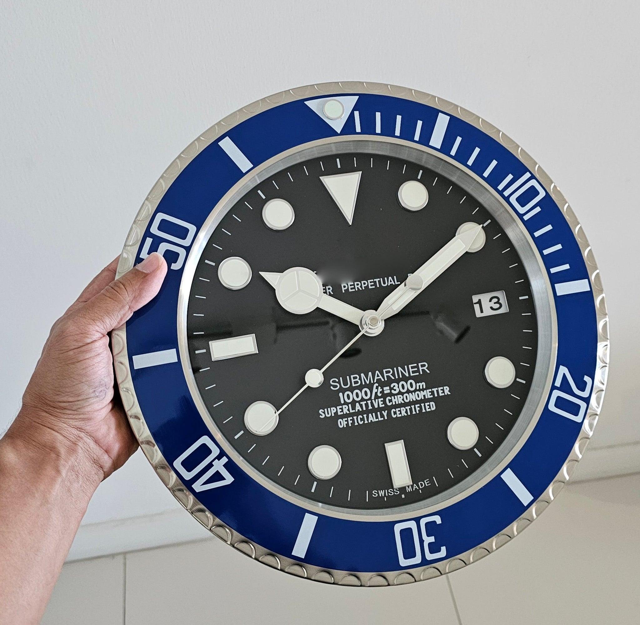 Brushed SUBMARINER Wall Clock in Stainless Steel, Glass & Blue Enamel