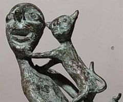 Amigo, Man with a Cat, Indian Folk Style, Green PatinaBronze Sculpture "In Stock"