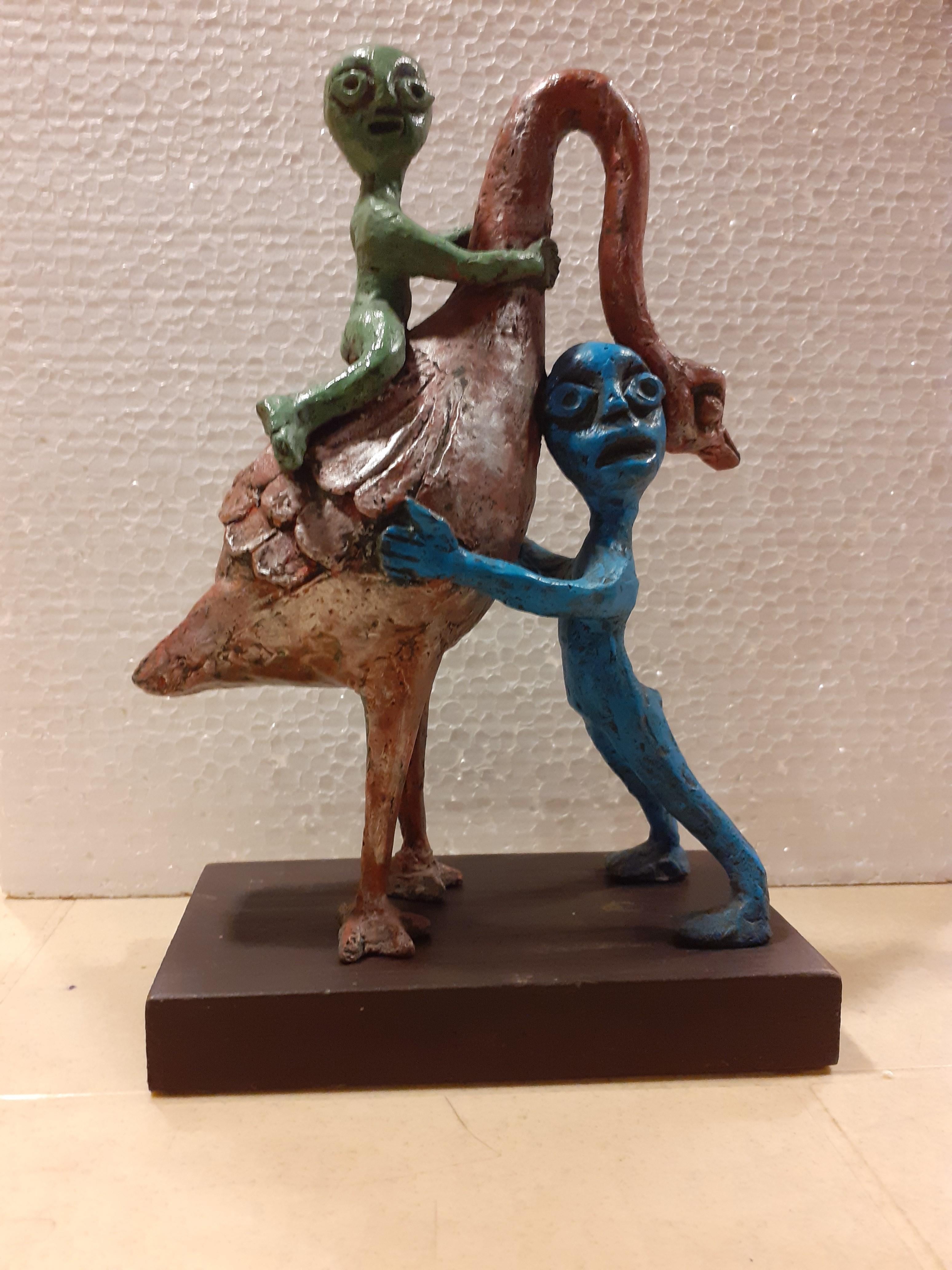 Subrata Biswas Figurative Sculpture - Childhood play , Bronze Sculpture, Green Blue Patina "In Stock"