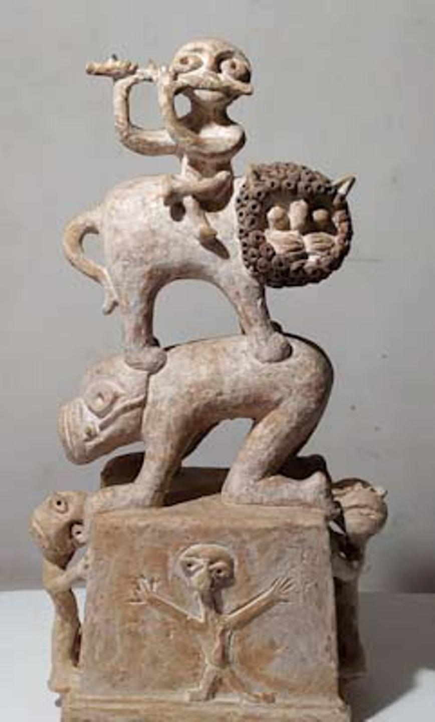 Subrata Biswas Figurative Sculpture - Man seated on Lion & Playing Flute, Terracotta by Contemporary Artist "In Stock"