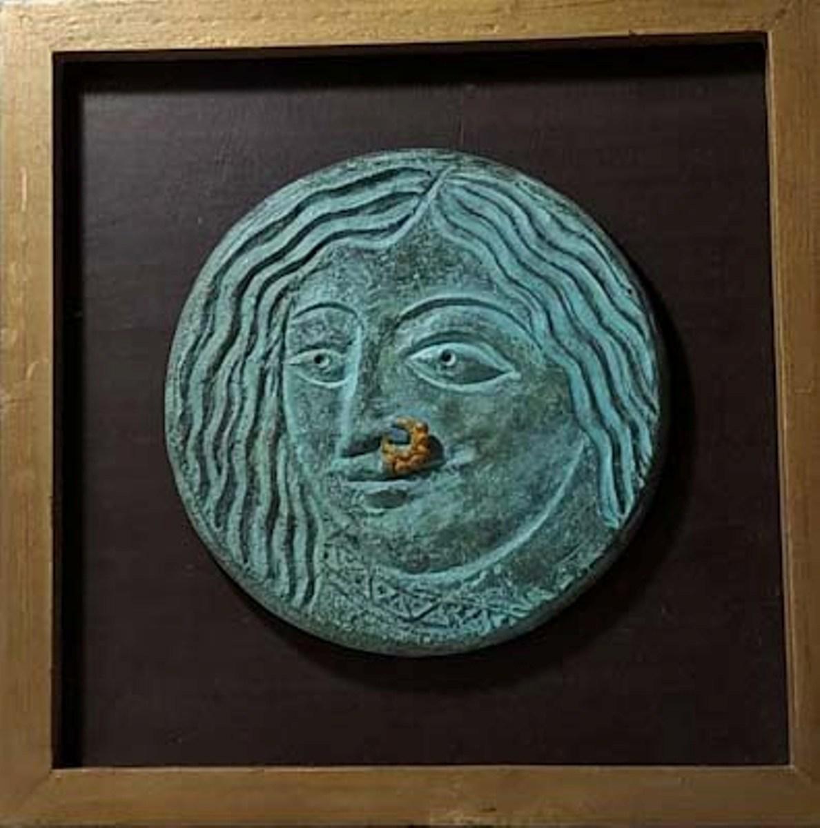 Subrata Biswas Figurative Sculpture - Relief, Face, Bronze Sculpture, Green by Contemporary Indian Artist "In Stock"